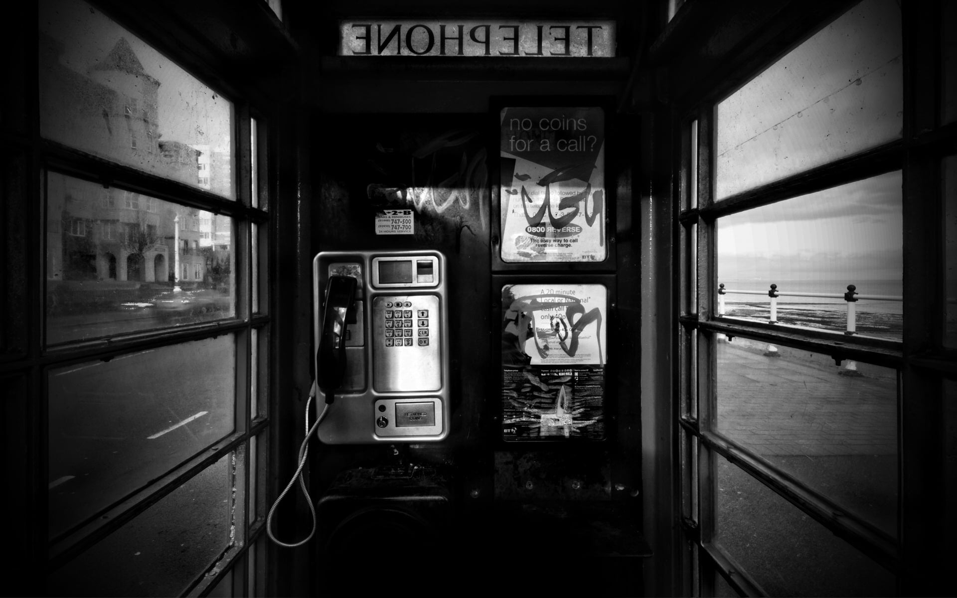 Photography Of Grayscale Payphone HD Wallpaper
