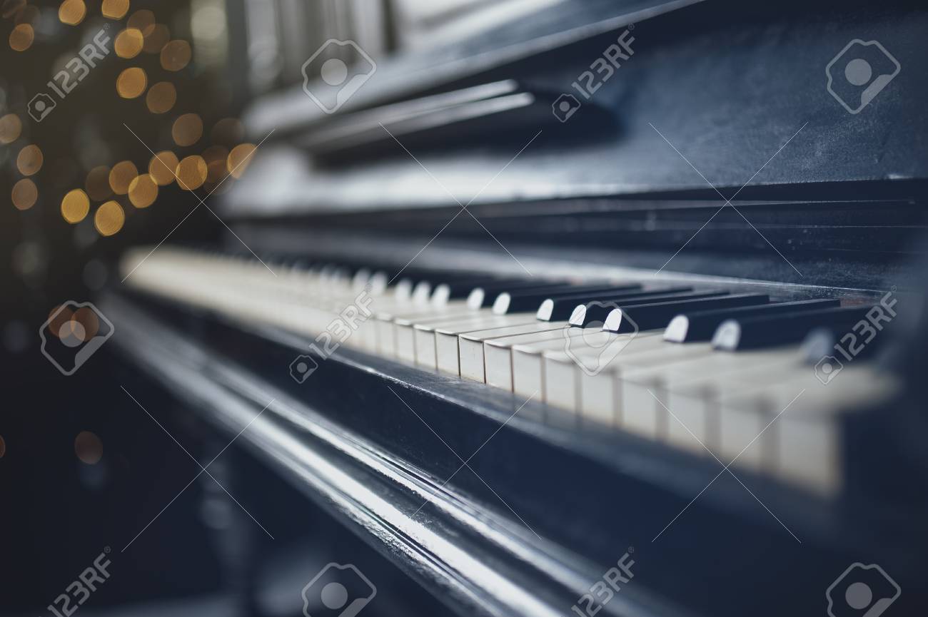 Closeup Of Vintage Piano Keyboard Beautiful Blur Background Stock
