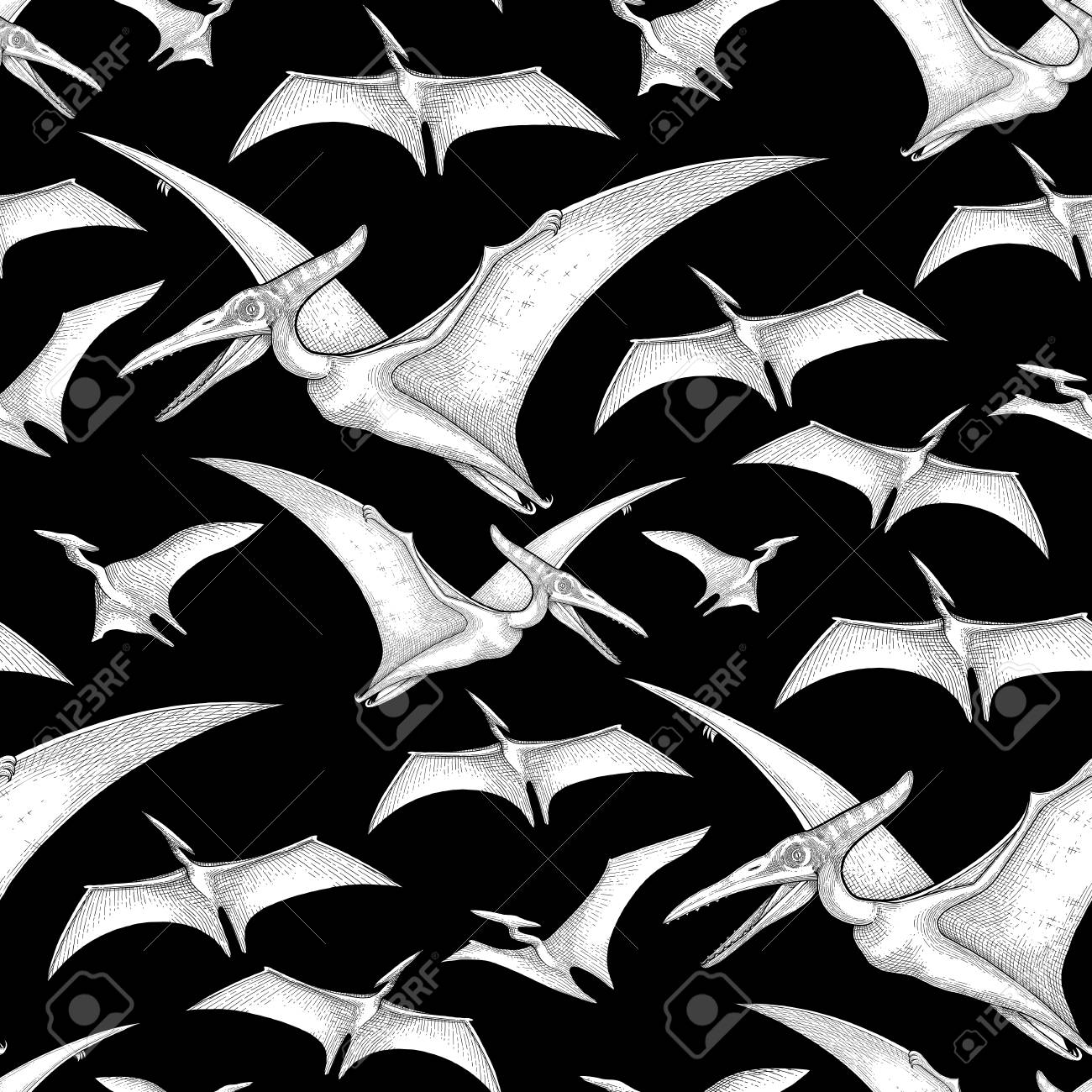 Graphic Seamless Pattern Of Flying Pterodactyls Vector Dinosaurs