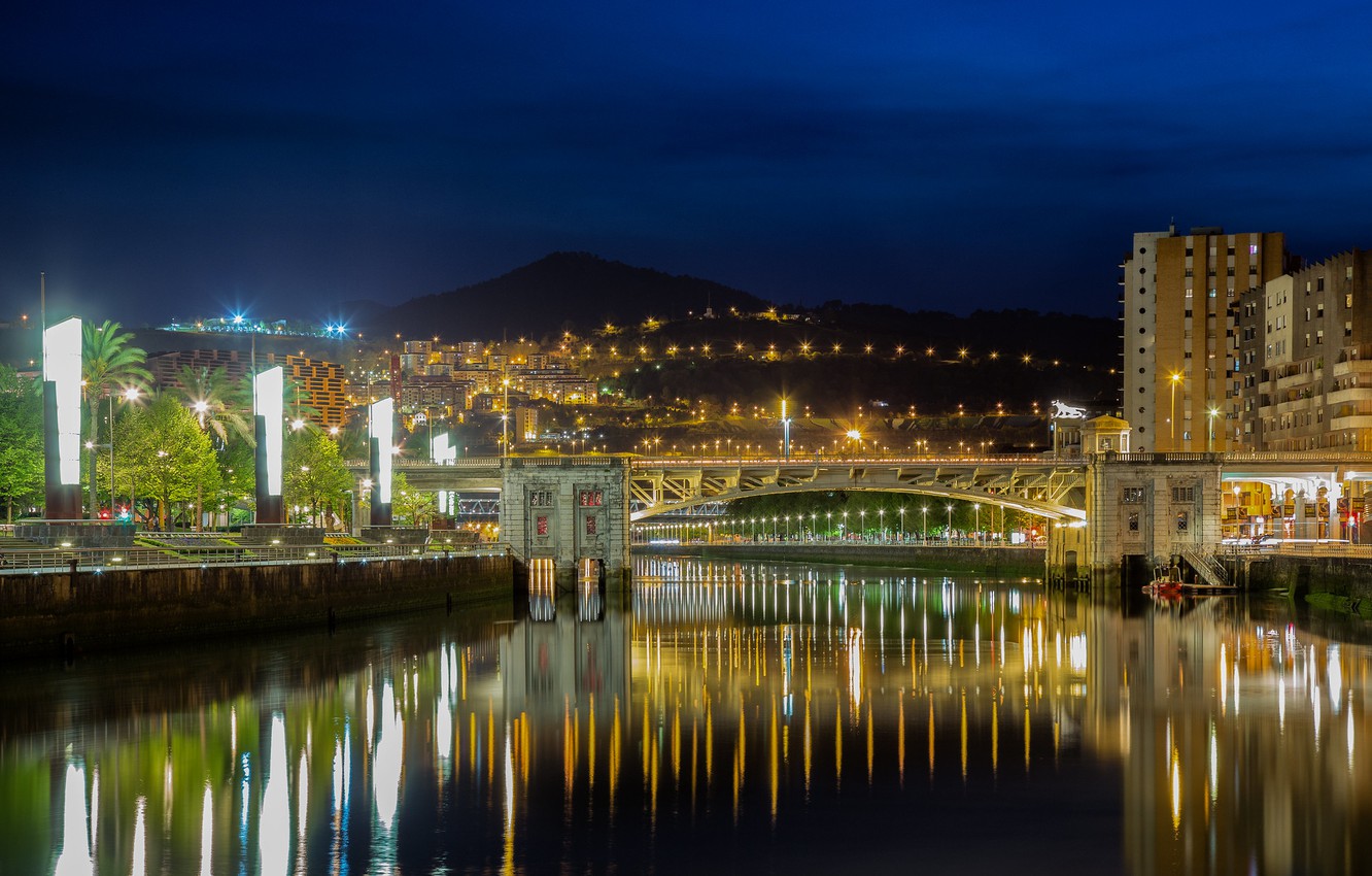 Wallpaper Bridge Lights Spain Bilbao Image For Desktop