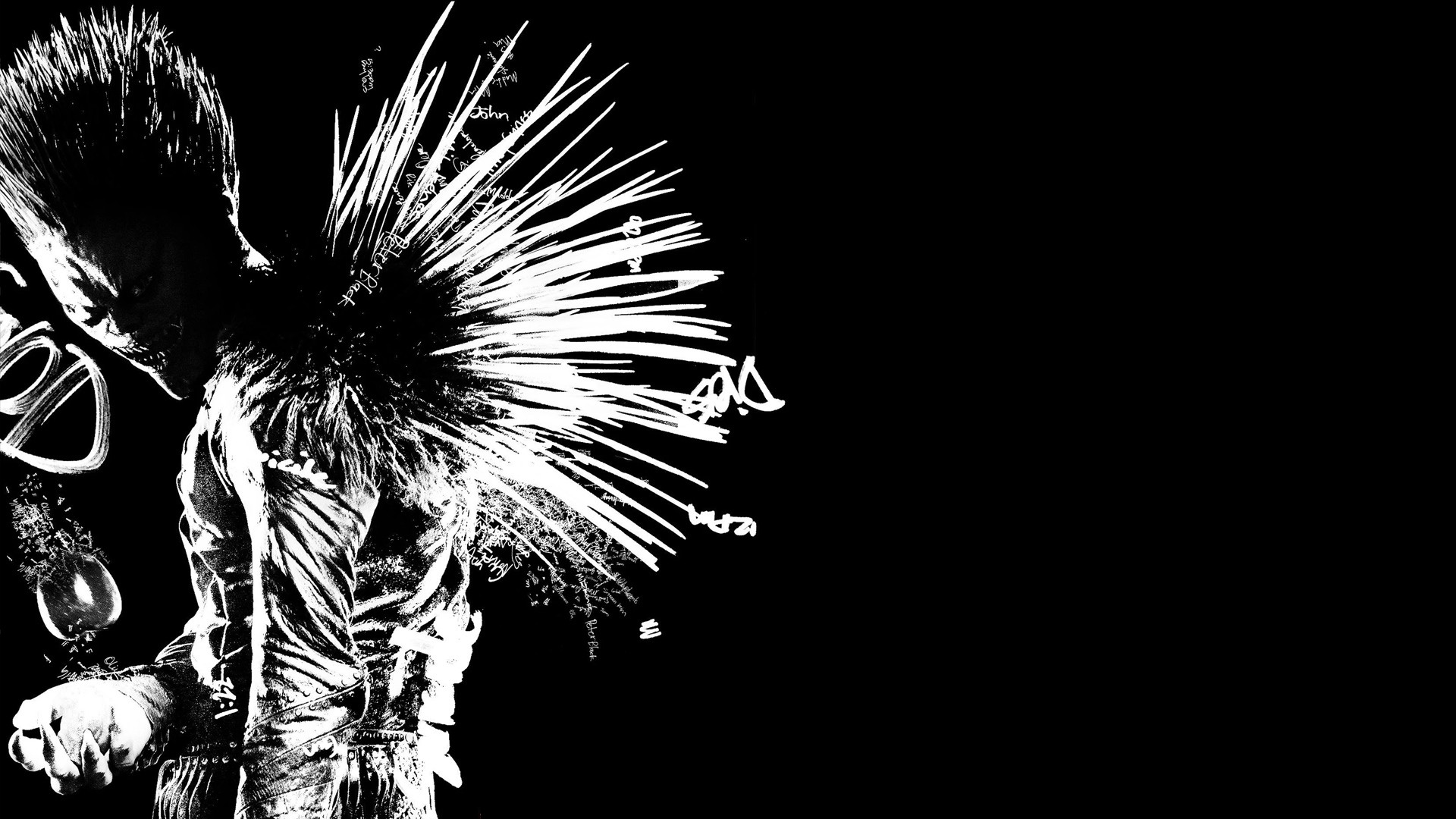 A stylized, black and white graphic of a winged figure, reminiscent of an anime character, possibly from a Netflix series