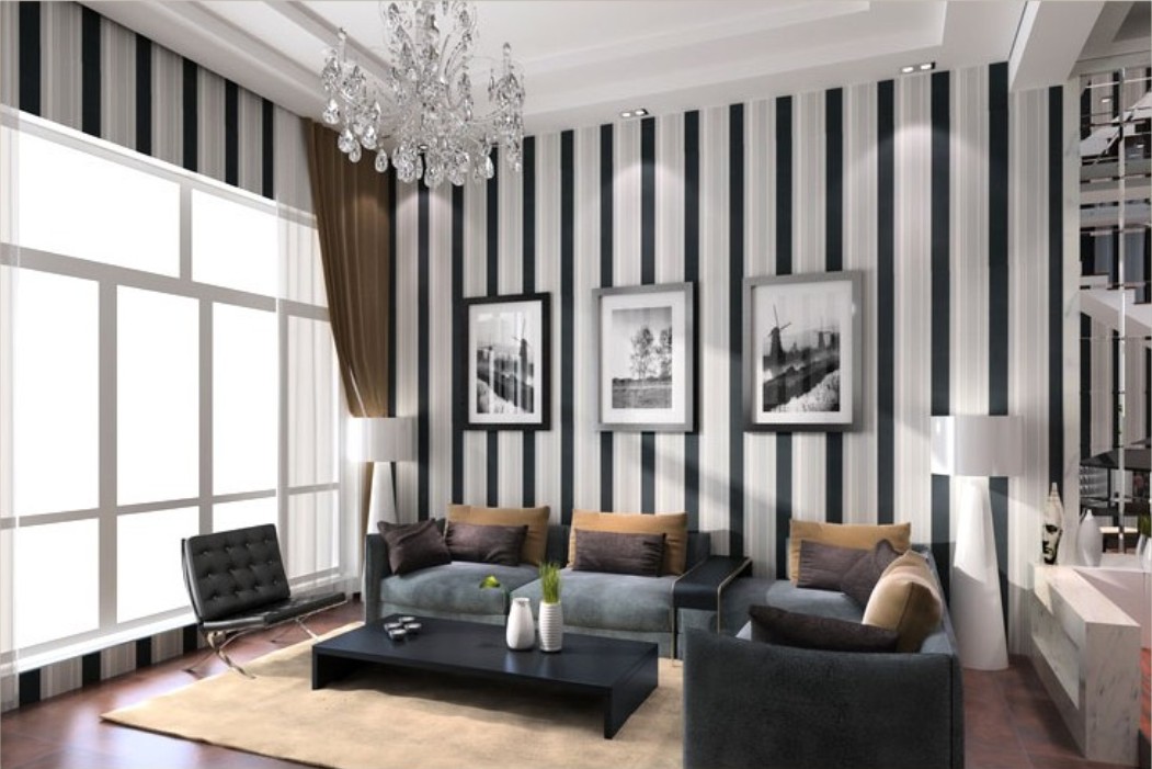 Living Room Design Ideas Of Black And White Vertical Stripes Wallpaper