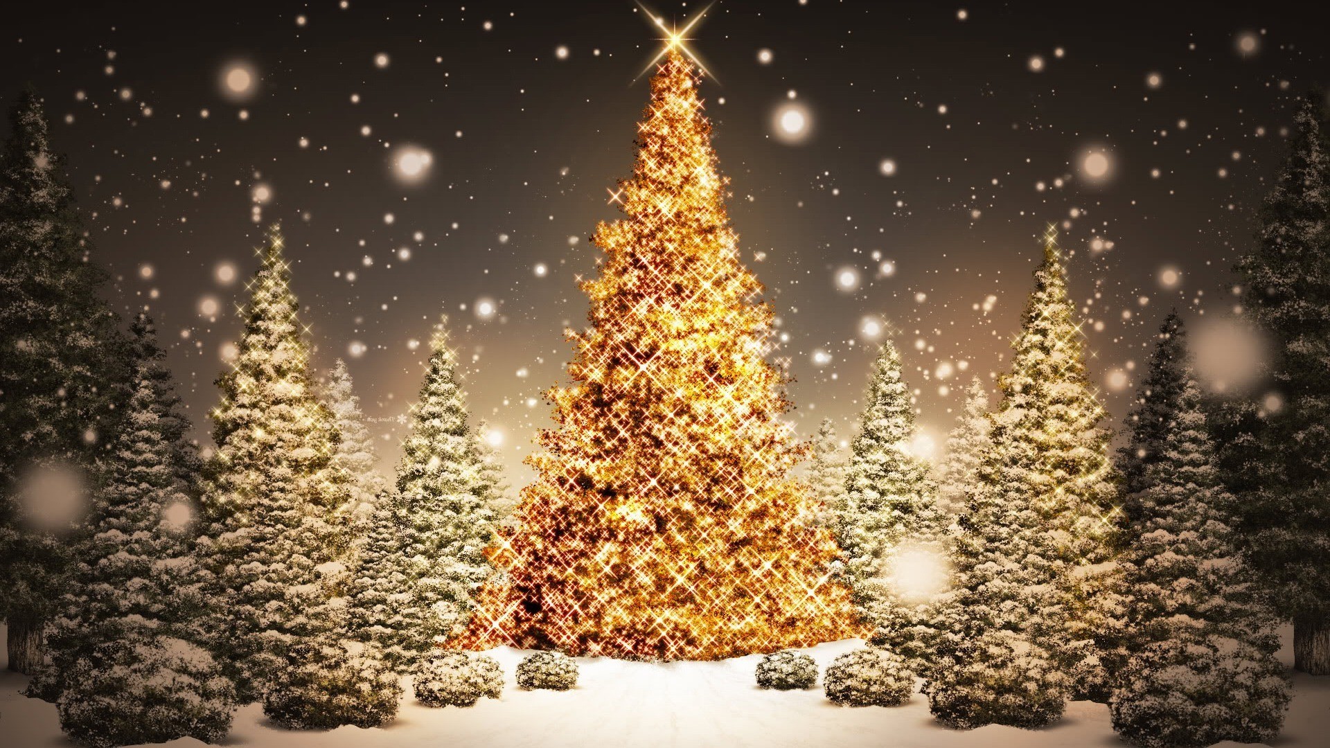 A glowing golden Christmas tree stands tall amidst a snowy forest, creating a magical Christmas scene