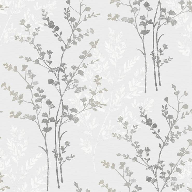 Silver White Grey Fern Motif Arthouse Wallpaper