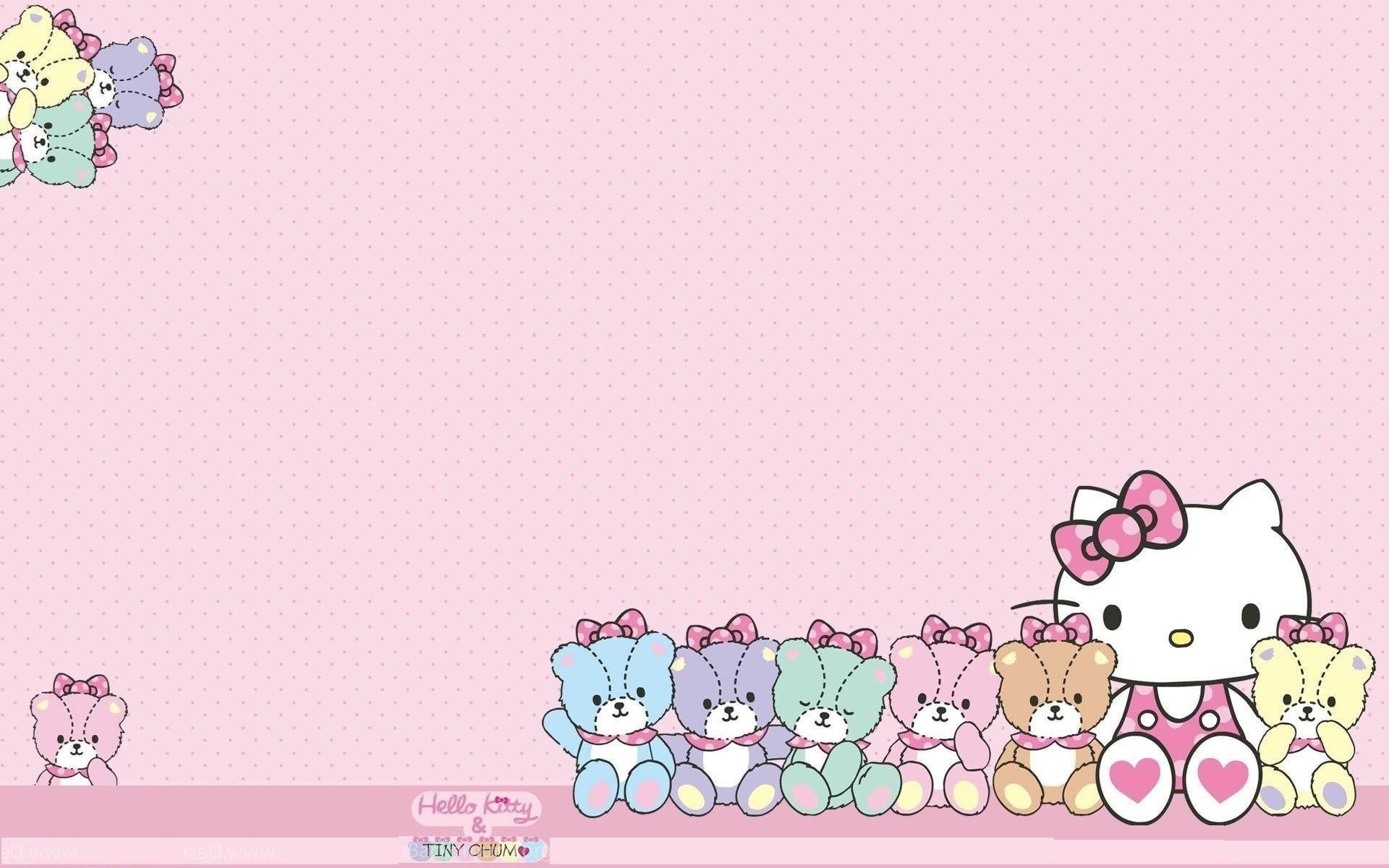 Hello Kitty with Tiny Chum bears on a pink background