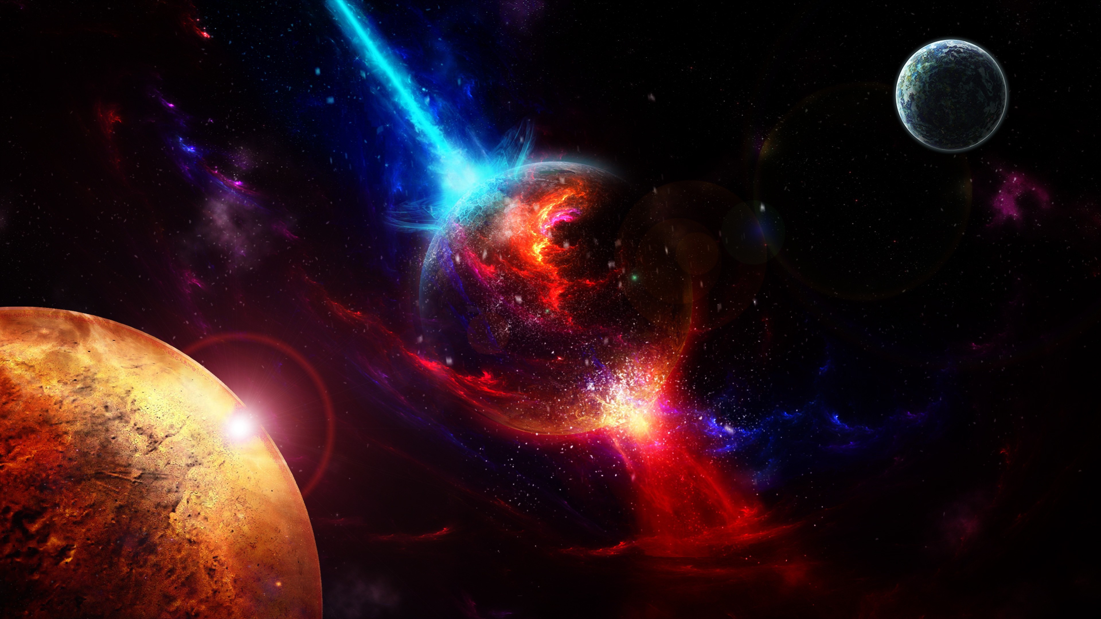 A breathtaking depiction of a cosmic collision between planets in deep space, with vibrant red and blue hues illuminating the scene. Perfect for space enthusiasts