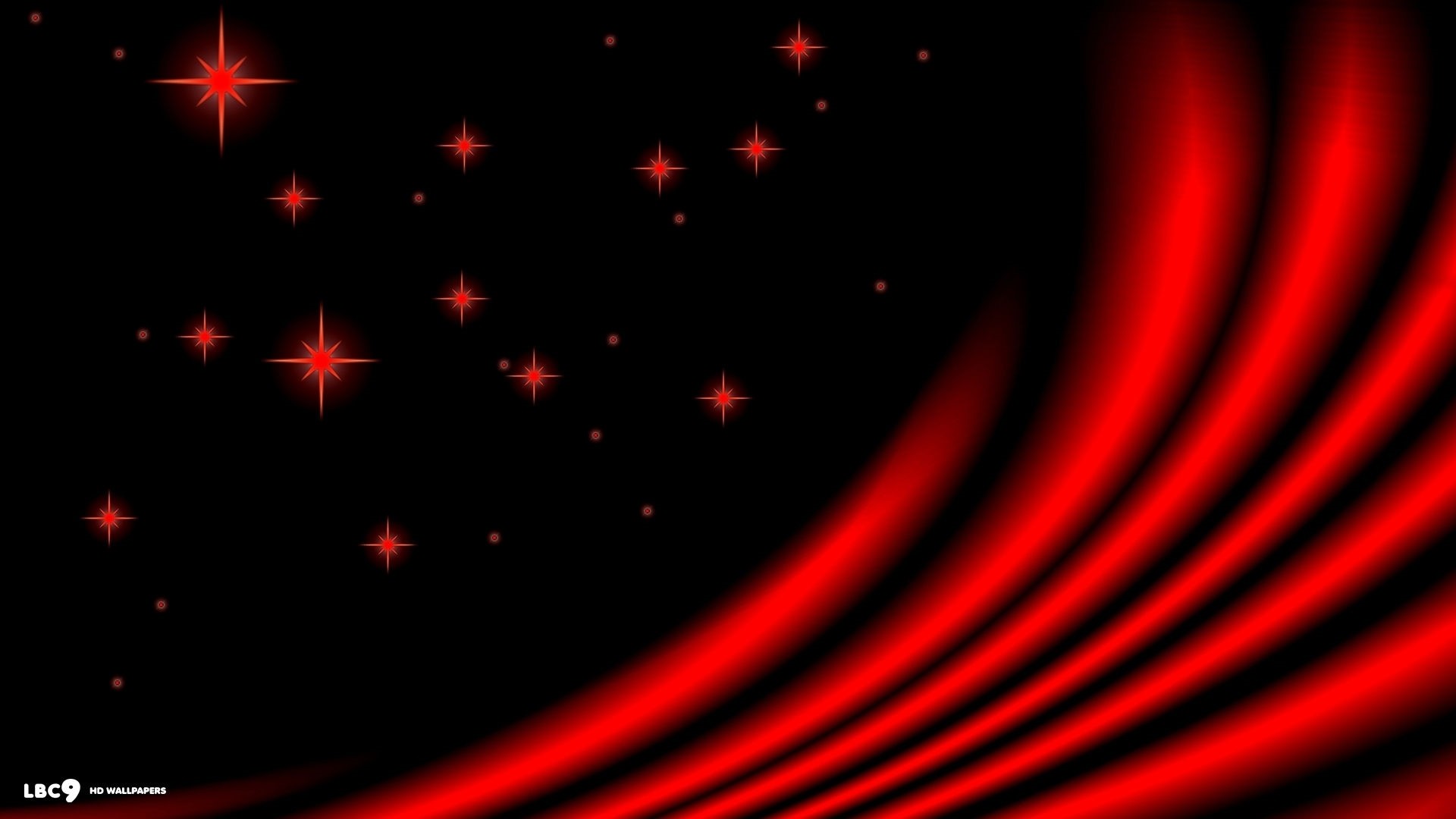 A dark, elegant abstract background with flowing red waves and scattered red sparkles