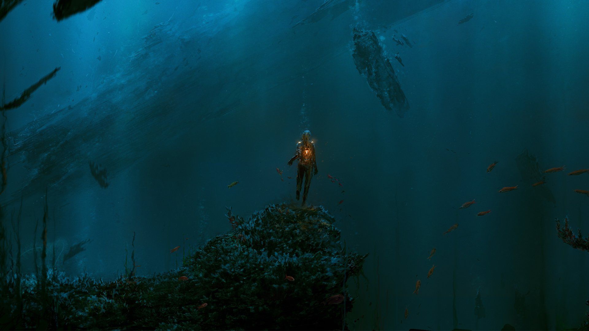 A diver explores a mysterious underwater shipwreck in 4k resolution, surrounded by vibrant marine life