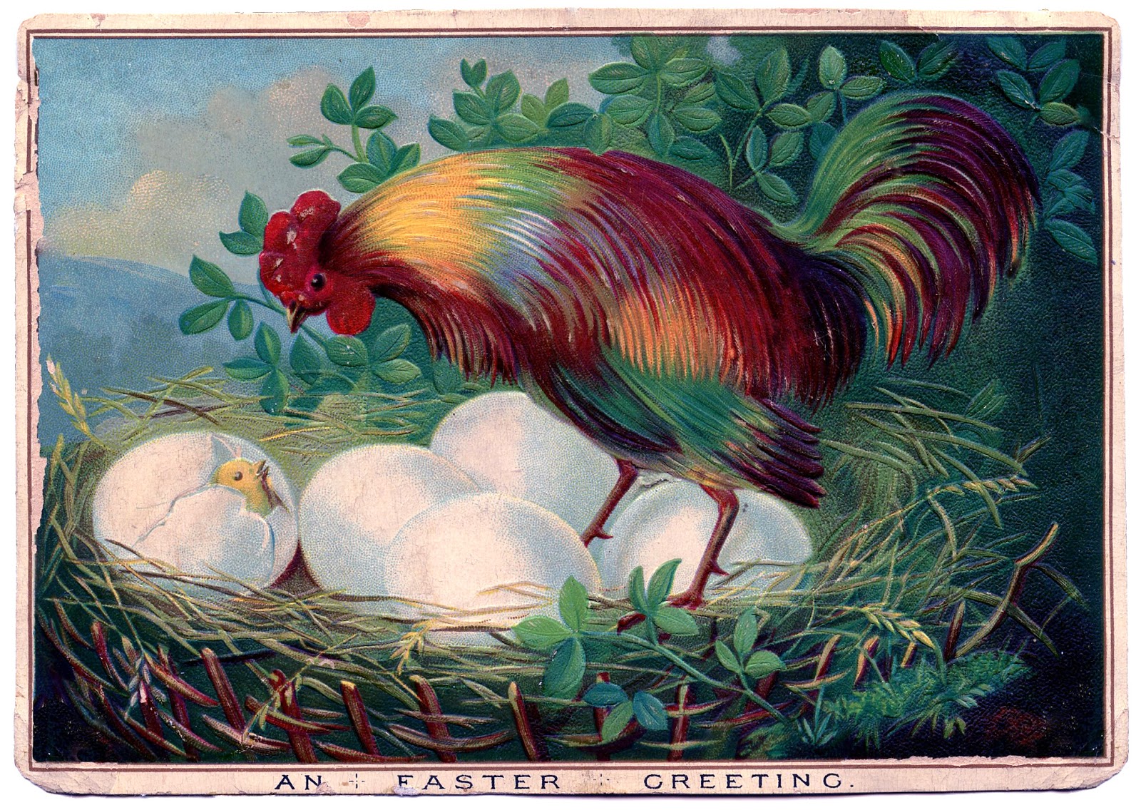 Easter Clip Art Greeting Vintage Postcard Rabbits And Big Egg