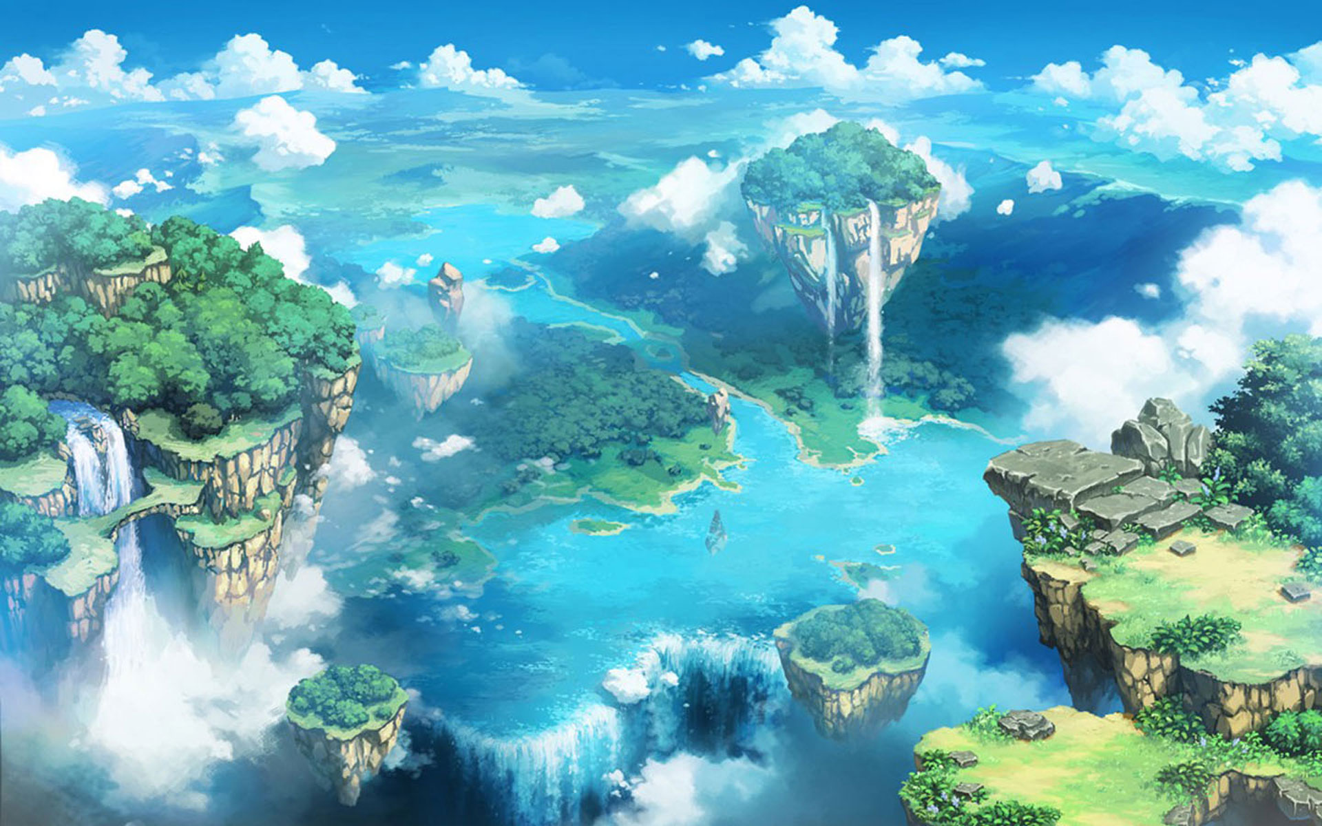 A breathtaking anime background depicting floating islands with lush greenery, cascading waterfalls, and a serene blue sea, under a vibrant sky dotted with fluffy clouds