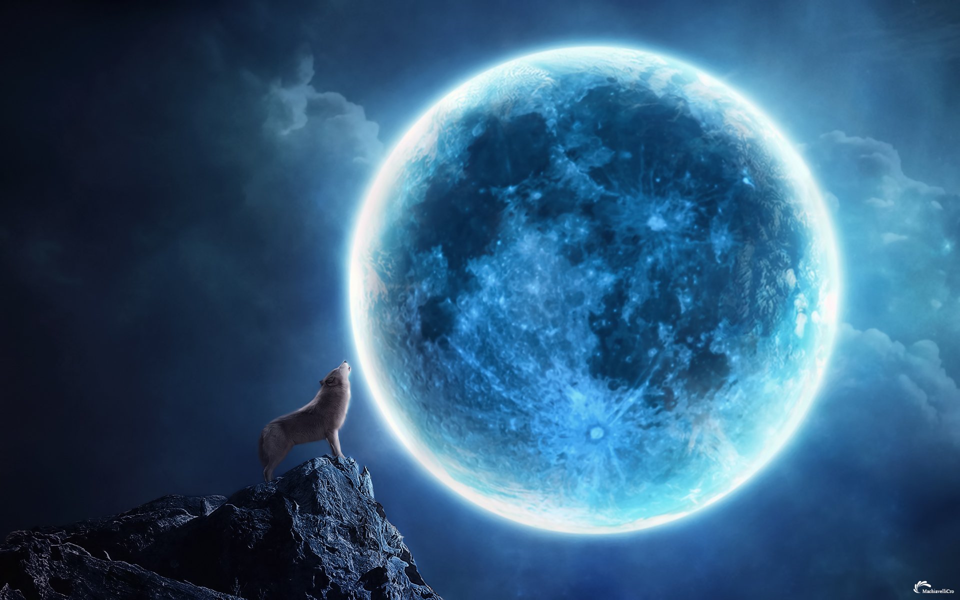  wolf landscapes night moonlight moon sky clouds magic mood wallpaper