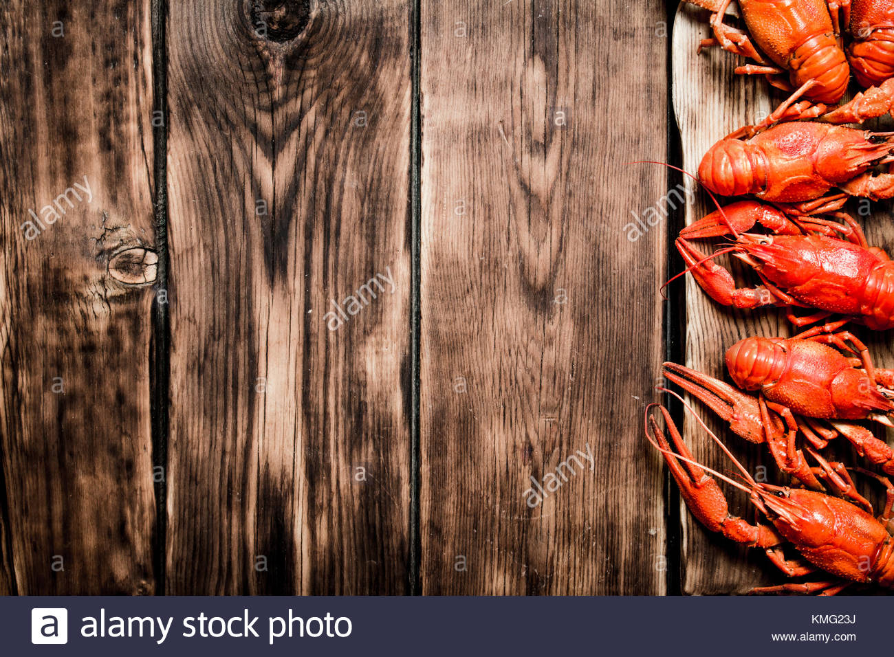 Fresh Boiled Crawfish On The Old Cutting Board Wooden