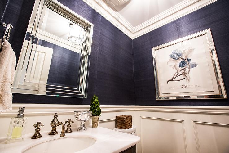 Navy Grasscloth Wallpaper and Gold Rivets Mirror  Transitional  Bathroom