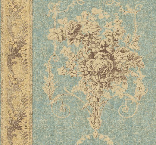 Ronald Redding French Historical Floral In Blue Antique Cream Wallp