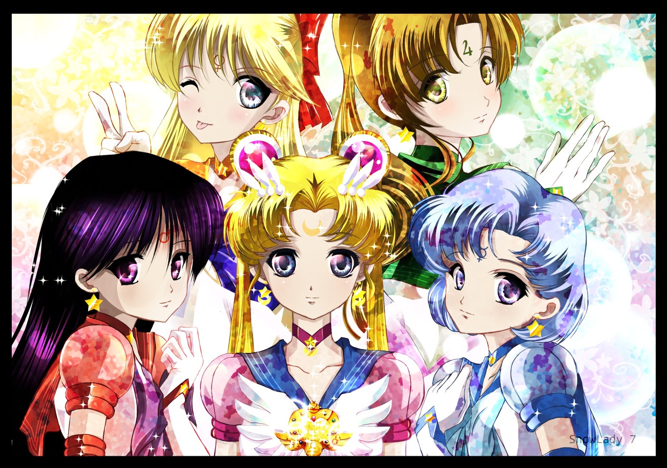 A vibrant illustration featuring the main Sailor Scouts from the Sailor Moon anime: Sailor Moon, Sailor Mars, Sailor Jupiter, Sailor Mercury, and Sailor Venus