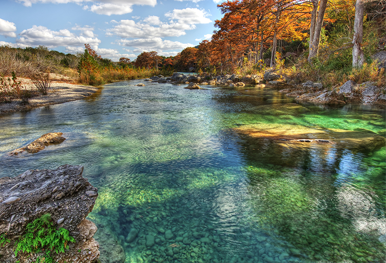 Picture Texas Usa Frio River Autumn Nature Stone Trees Wallpaper