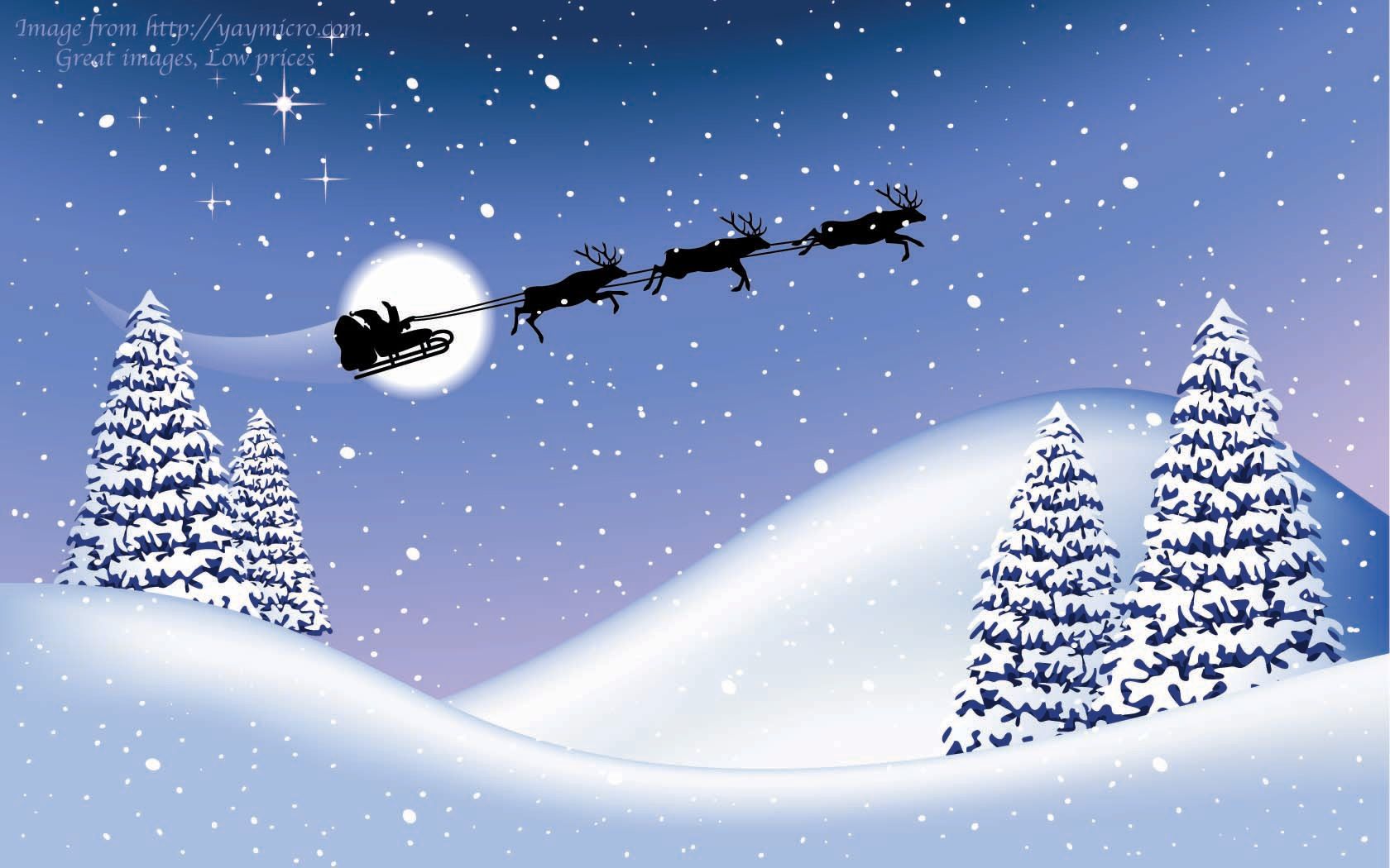Santa Claus flying his sleigh with reindeer on a snowy Christmas Eve night