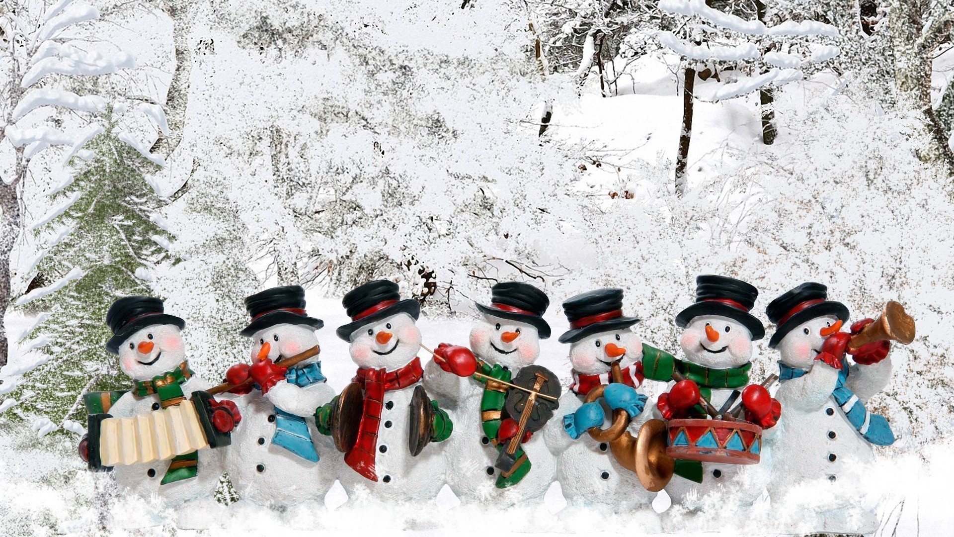 A cheerful band of snowmen playing musical instruments in a snowy winter wonderland