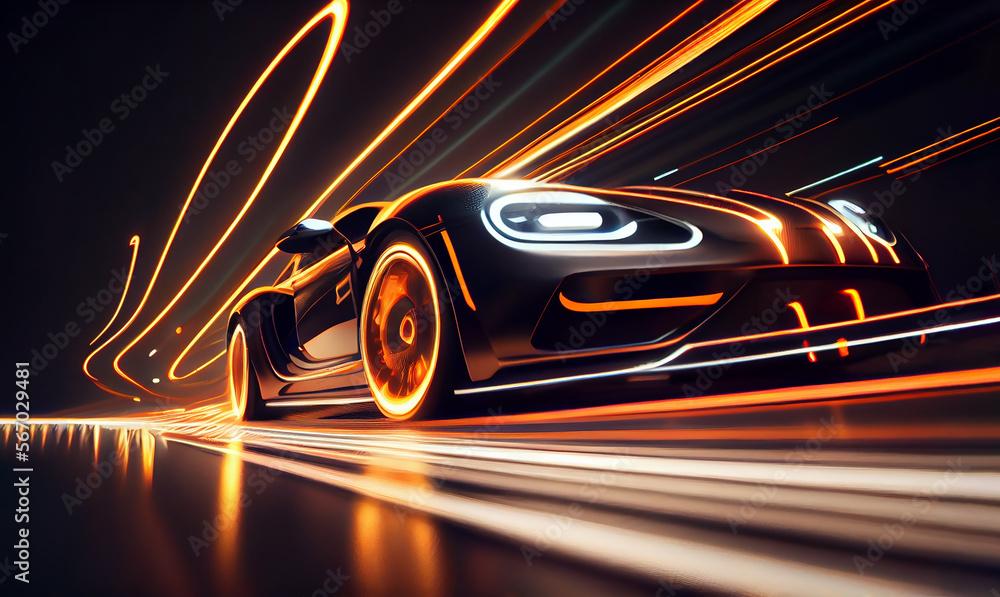Futuristic Super Car On Neon Highway Powerful Acceleration Of A