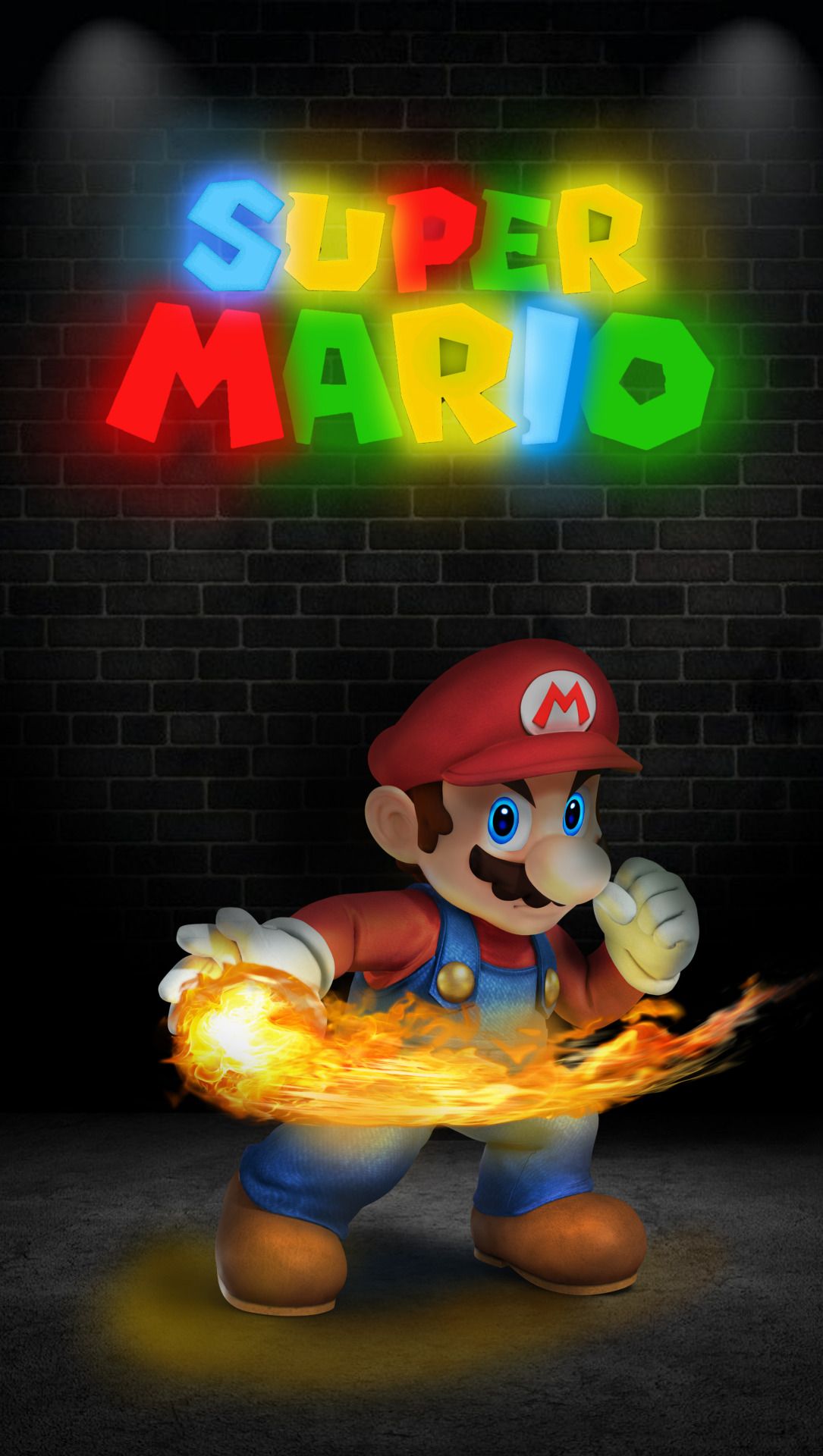 Super Mario throwing a fireball against a brick wall with a neon Super Mario sign