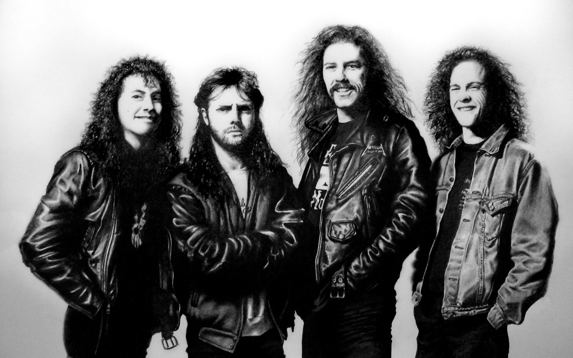 A black and white photo of the heavy metal band Metallica, featuring James Hetfield, Lars Ulrich, Kirk Hammett, and Jason Newsted