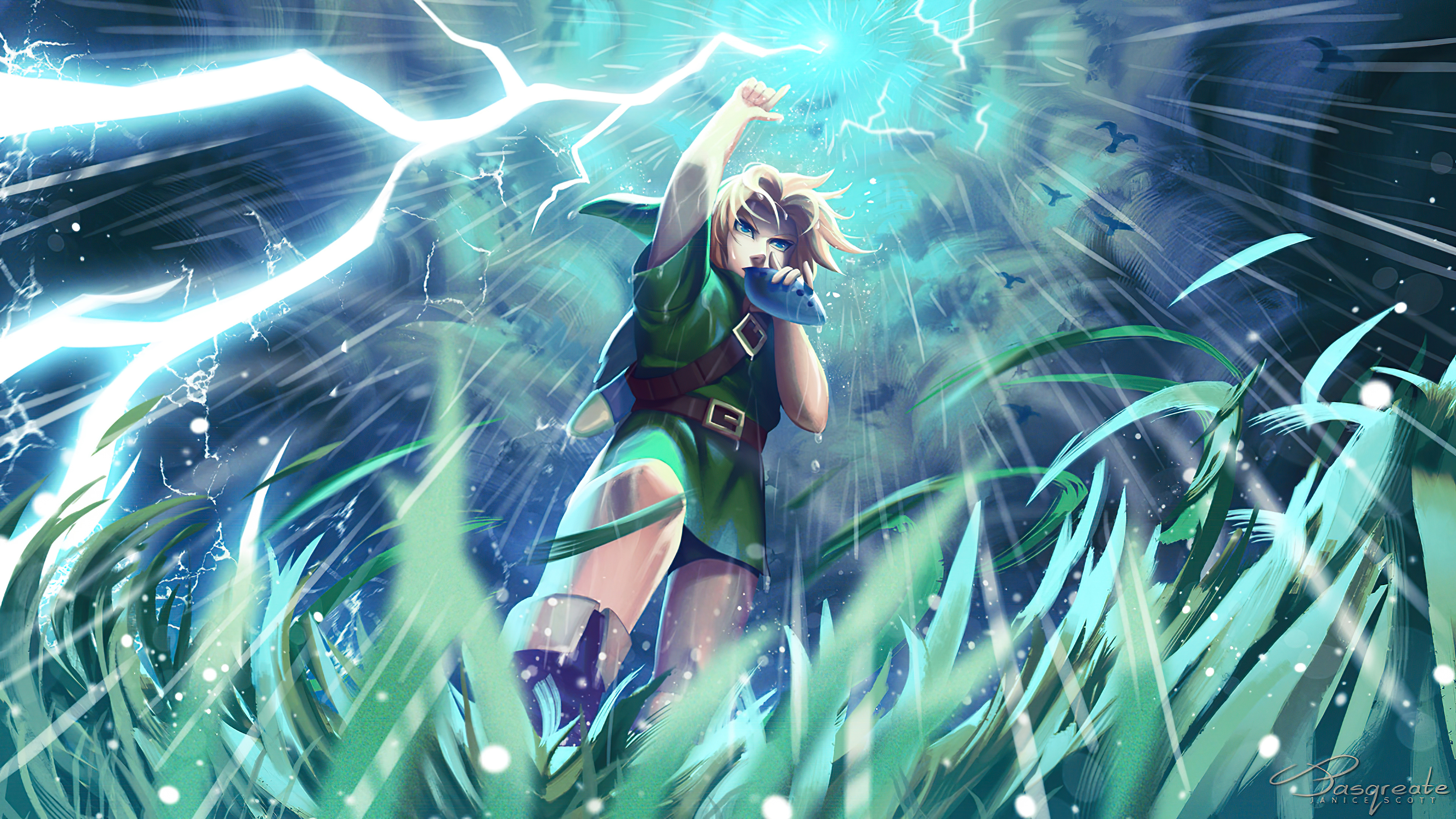 Link playing the Ocarina of Time amidst a storm and lightning, summoning a magical force. From the Legend of Zelda series