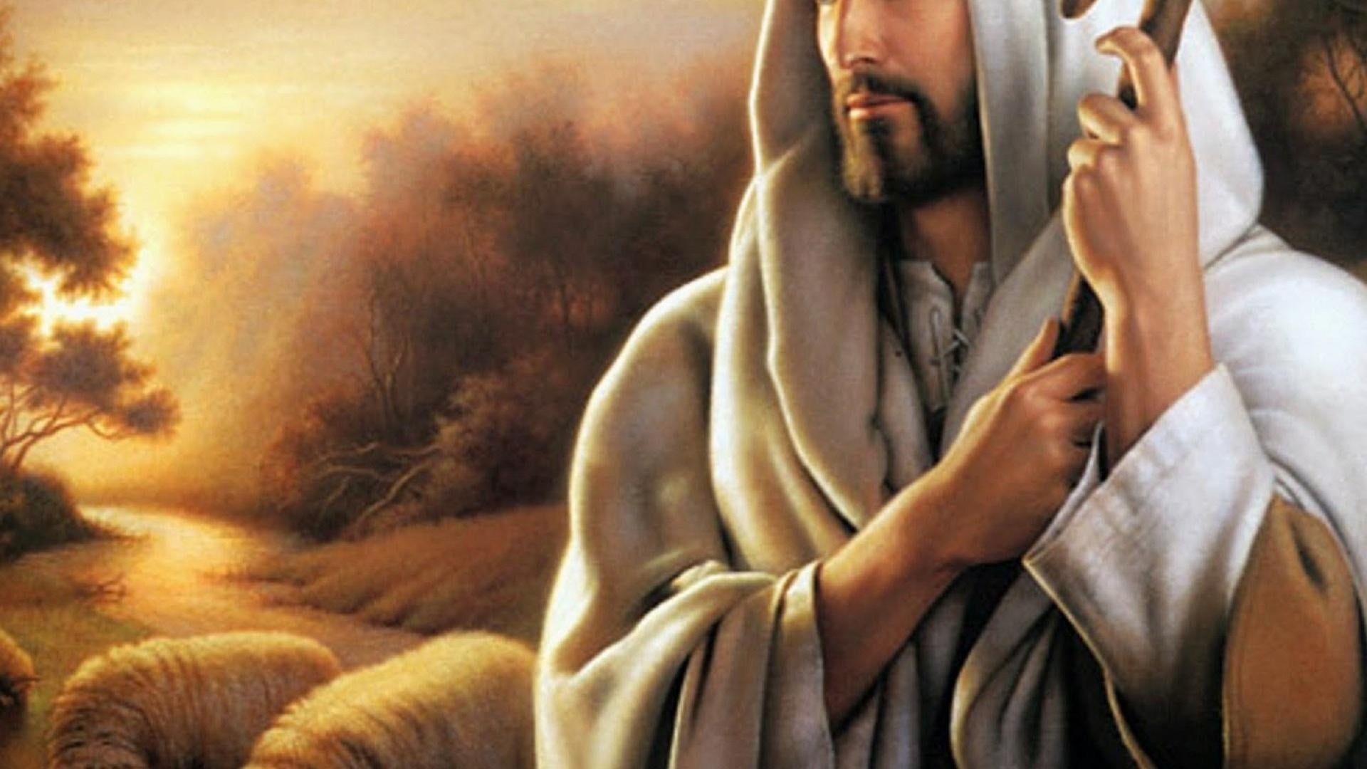 Jesus the Good Shepherd with his flock in a serene landscape
