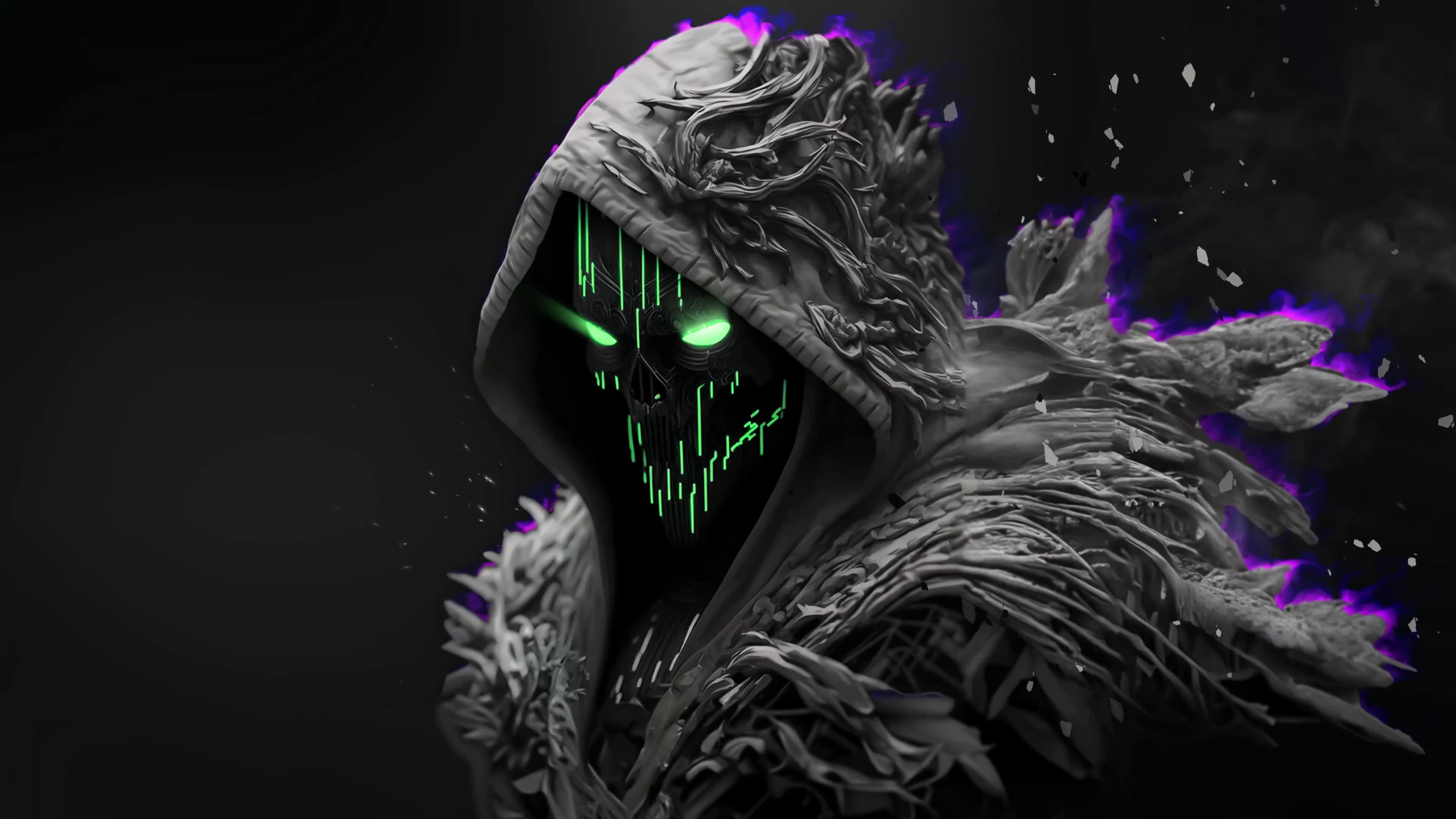 A dark, hooded figure with glowing green eyes and intricate details, suitable for a live wallpaper