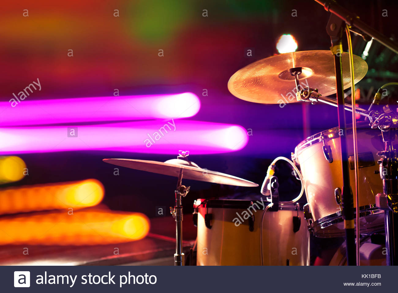 Live Music Background Drum On Stage And Concert Lights Stock Photo