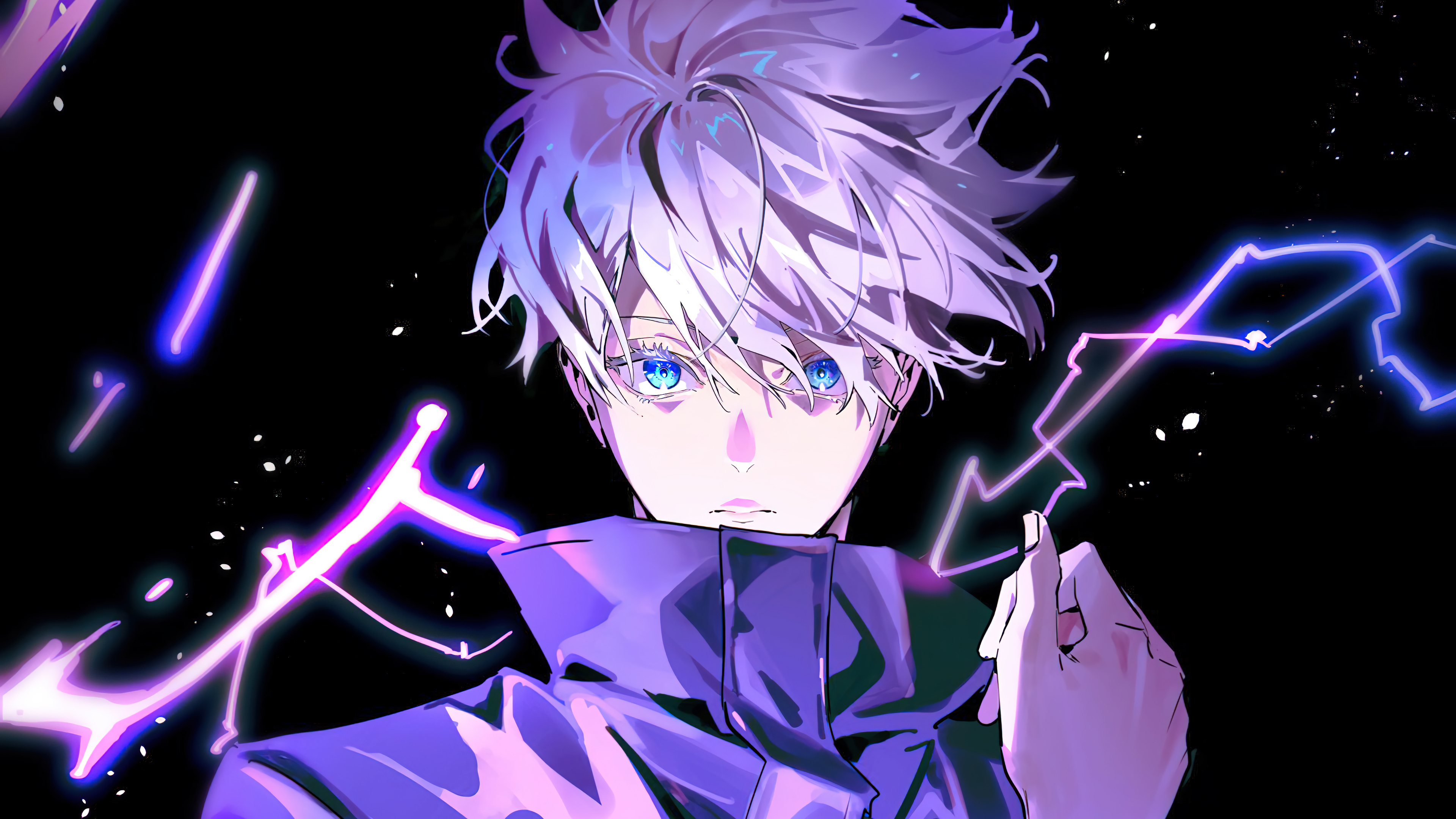A striking anime-style portrait of Gojo Satoru, featuring vibrant purple and blue hues, dynamic lightning effects, and his signature bright blue eyes