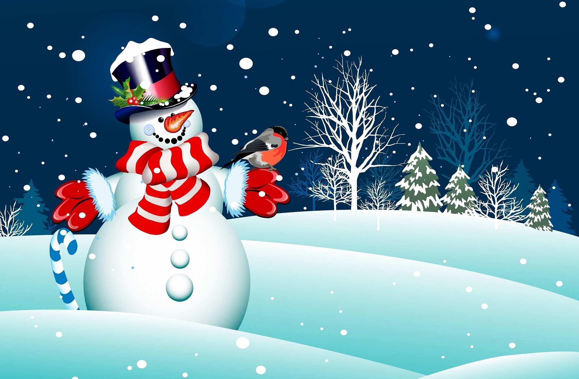 A cheerful snowman with a top hat and red and white scarf stands in a snowy landscape, a small bird perched on its hand, with snow-covered trees in the background under a dark blue, snowy night sky
