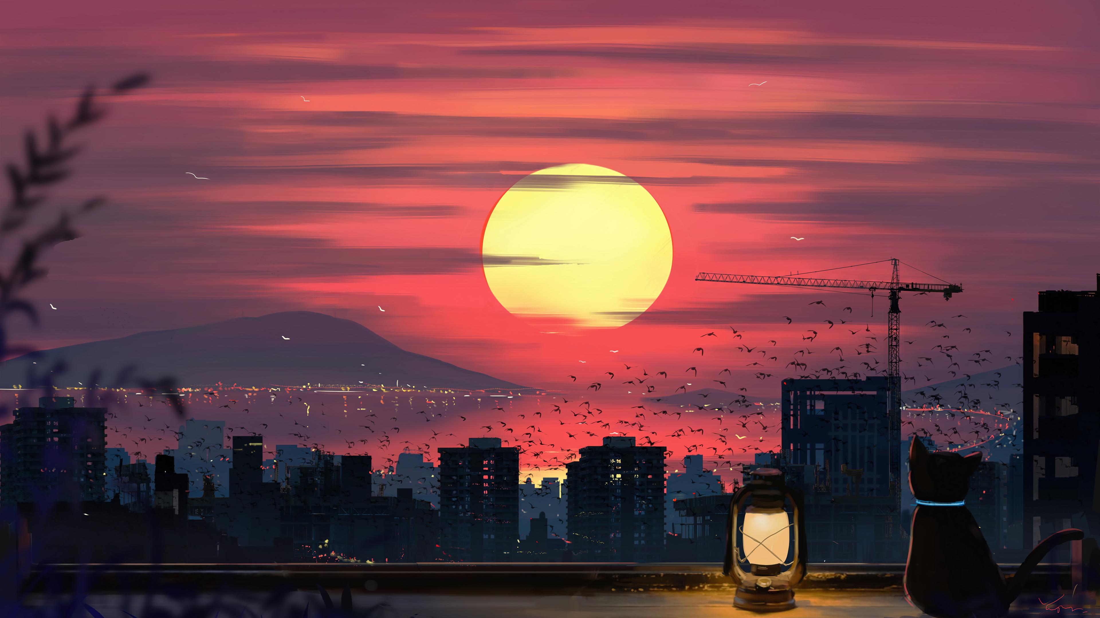 Download Cat Sunset City Scenery Anime Art K Wallpaper Iphone Hd Phone I By Emullins