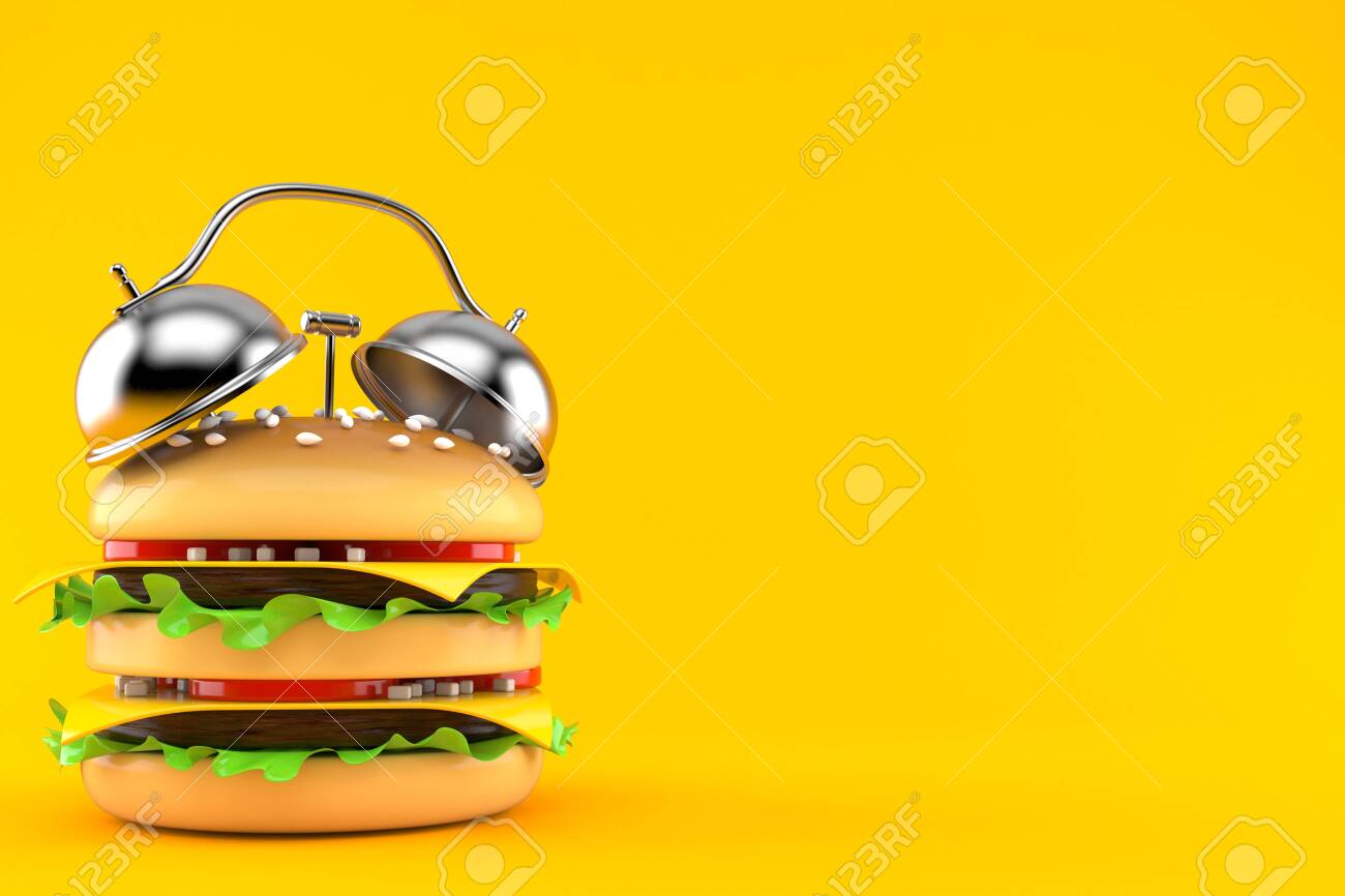 Cheeseburger With Alarm Clock Isolated On Orange Background