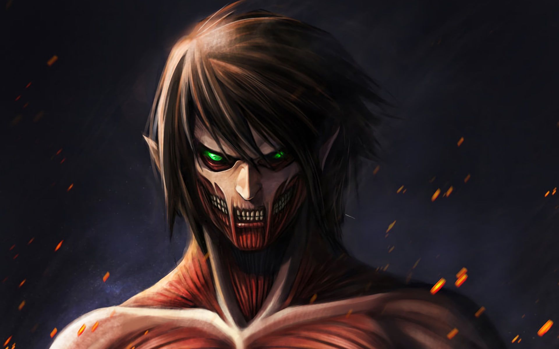 Eren Yeager in Attack Titan, showcasing his Titan form with exposed muscles and glowing green eyes, amidst a backdrop of fiery sparks