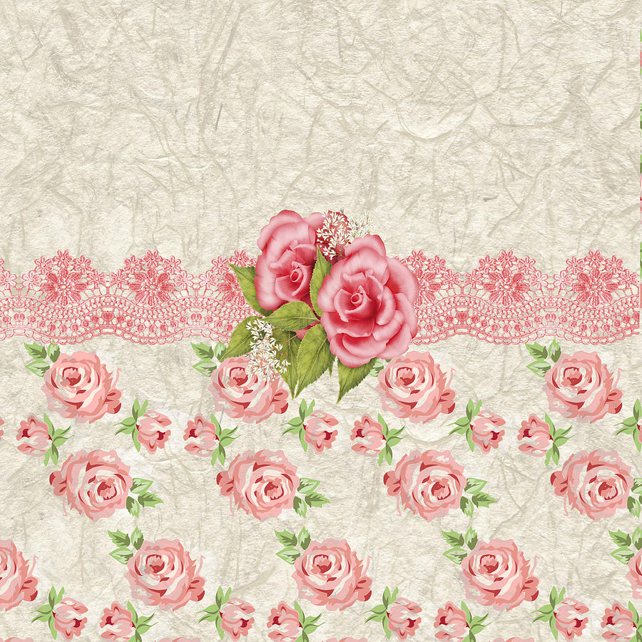 Pink Roses Digital Art   Vintage Pink And Cream Rose Pattern by Debra