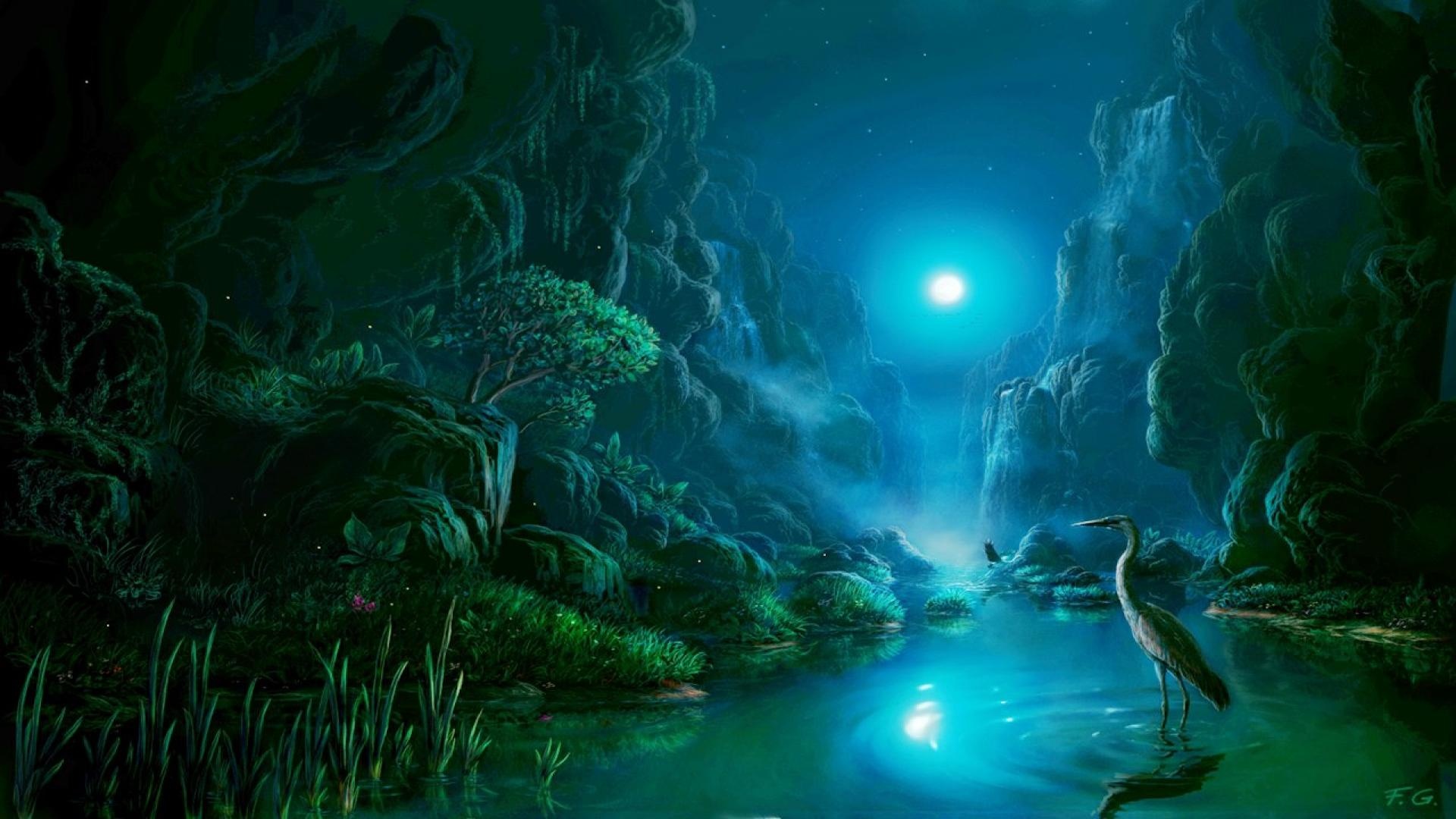 Windows Background Fantasy Moonlight Pool Wallpaper X