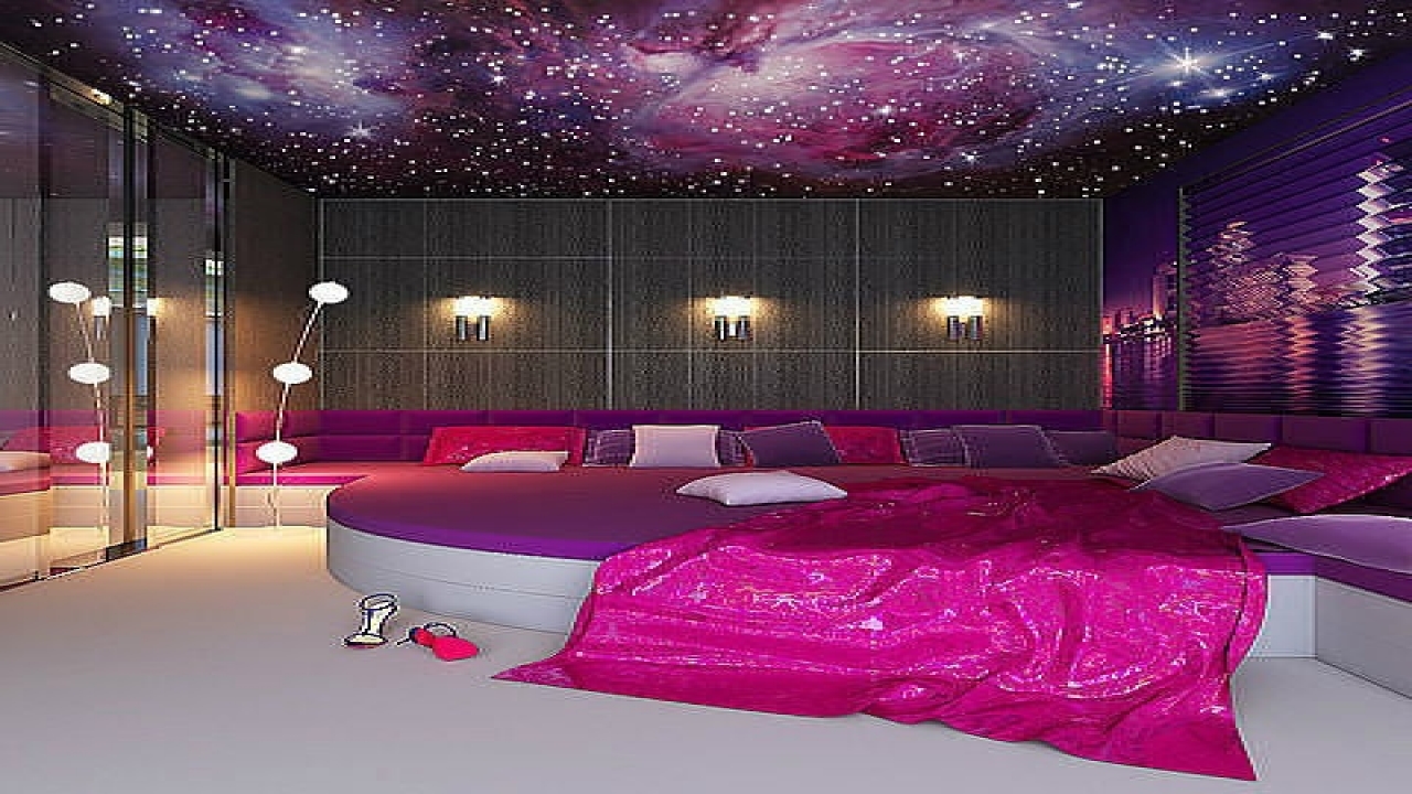 Charming Girls Bedroom Design With Galaxy Painting On The