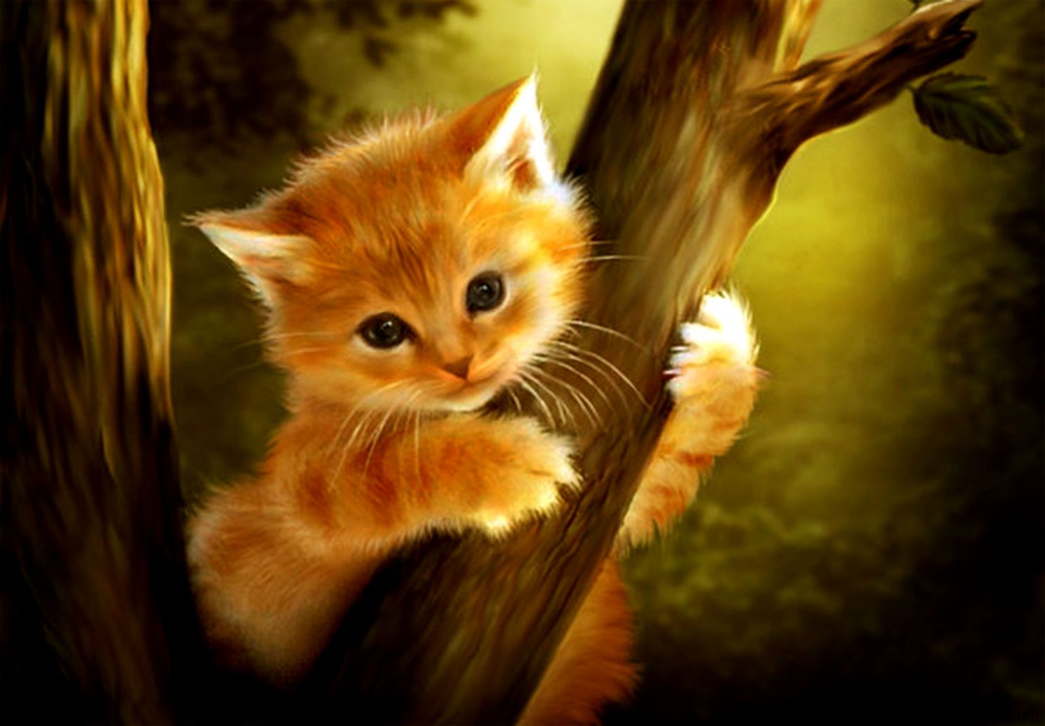 Wallpaper4u Kitten Up A Tree Ginger Cute Animal Art Fantasy Cat