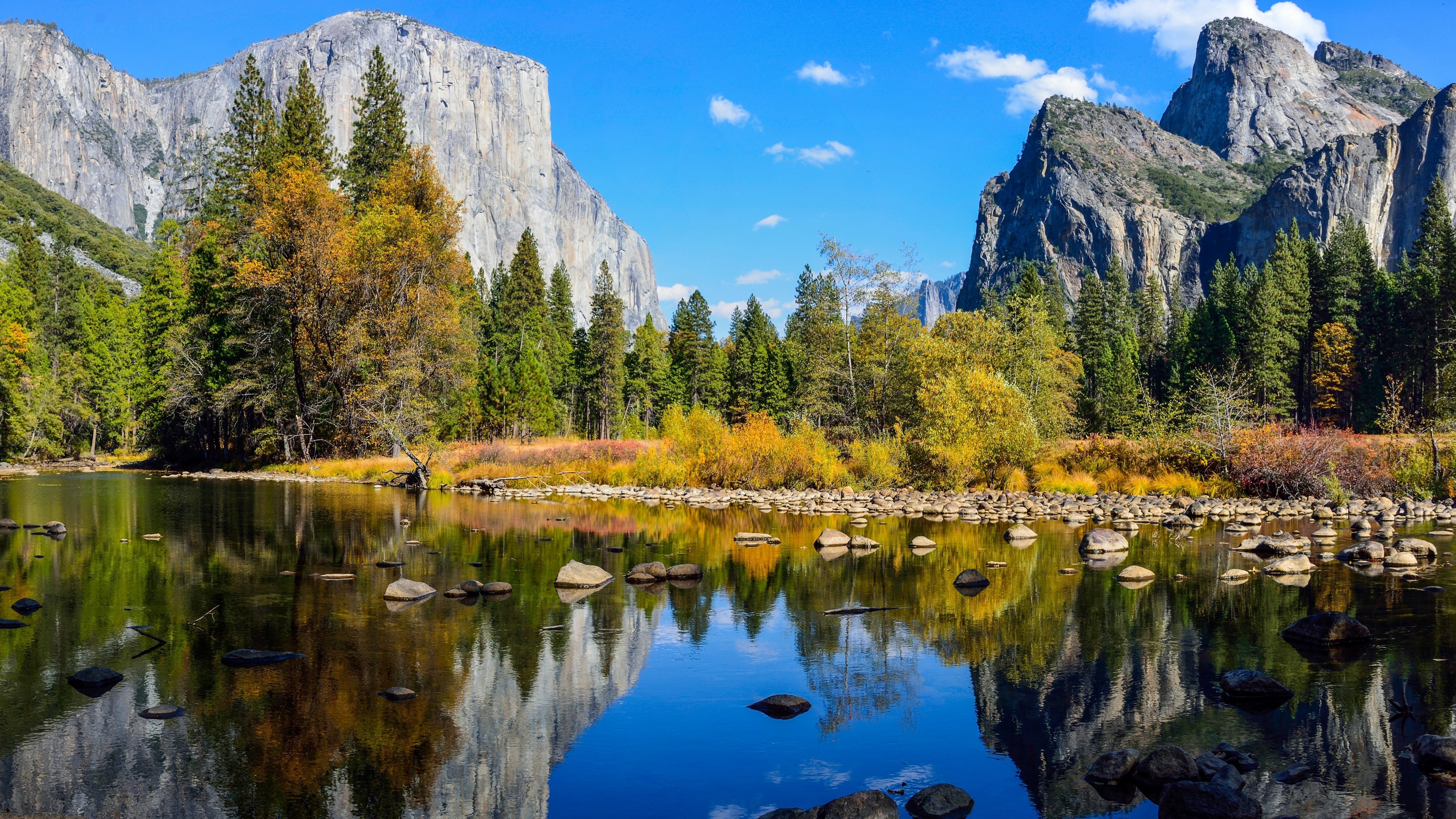 Scenic autumn landscape of Yosemite Valley with colorful foliage reflecting in the Merced River