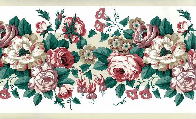 Cabbage Roses Vintage Wallpaper Border Rose Lavender Green Waverly