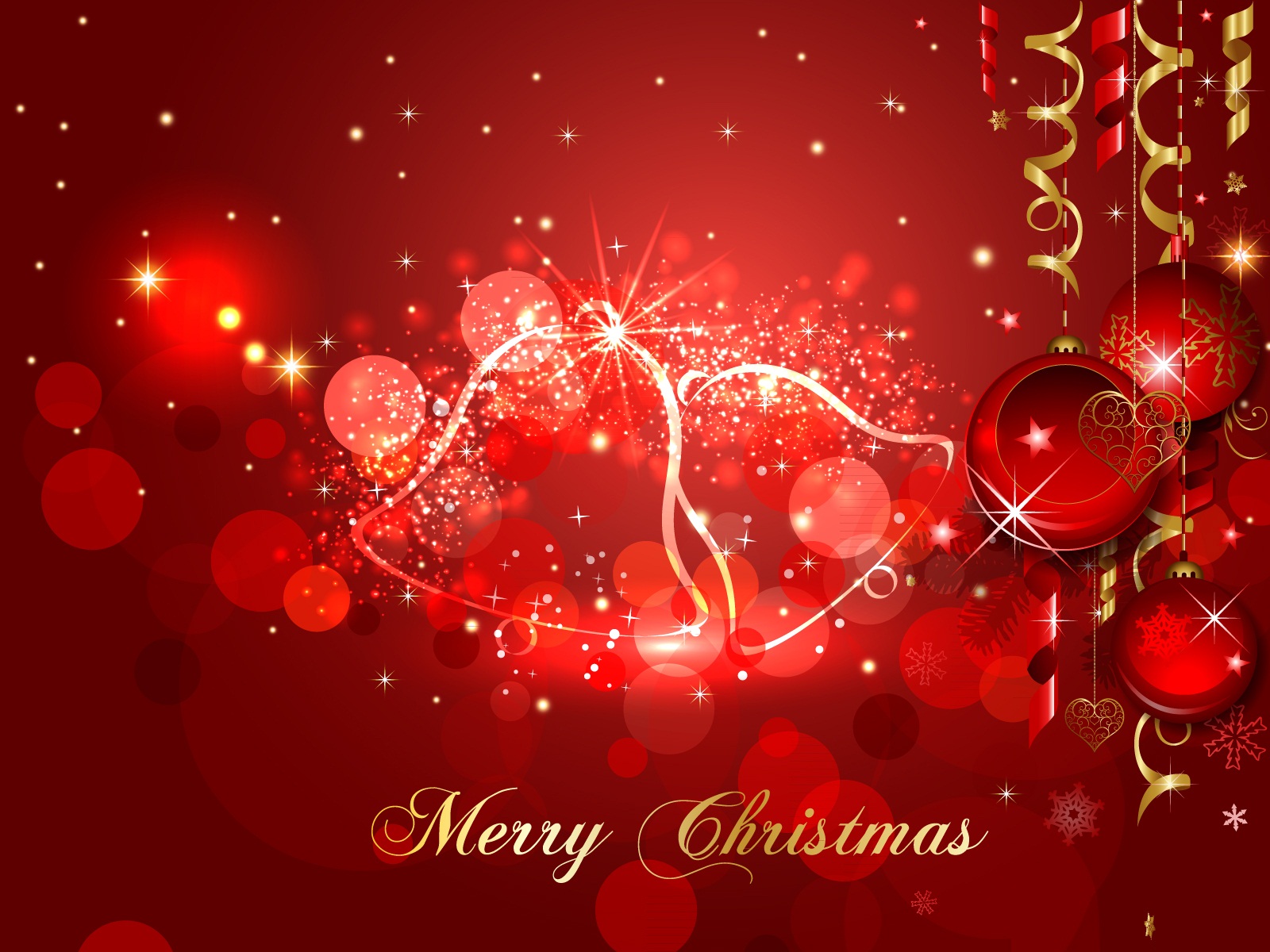 Red Christmas background with glowing bells, ornaments, and golden ribbons. Perfect for holiday greetings and festive projects