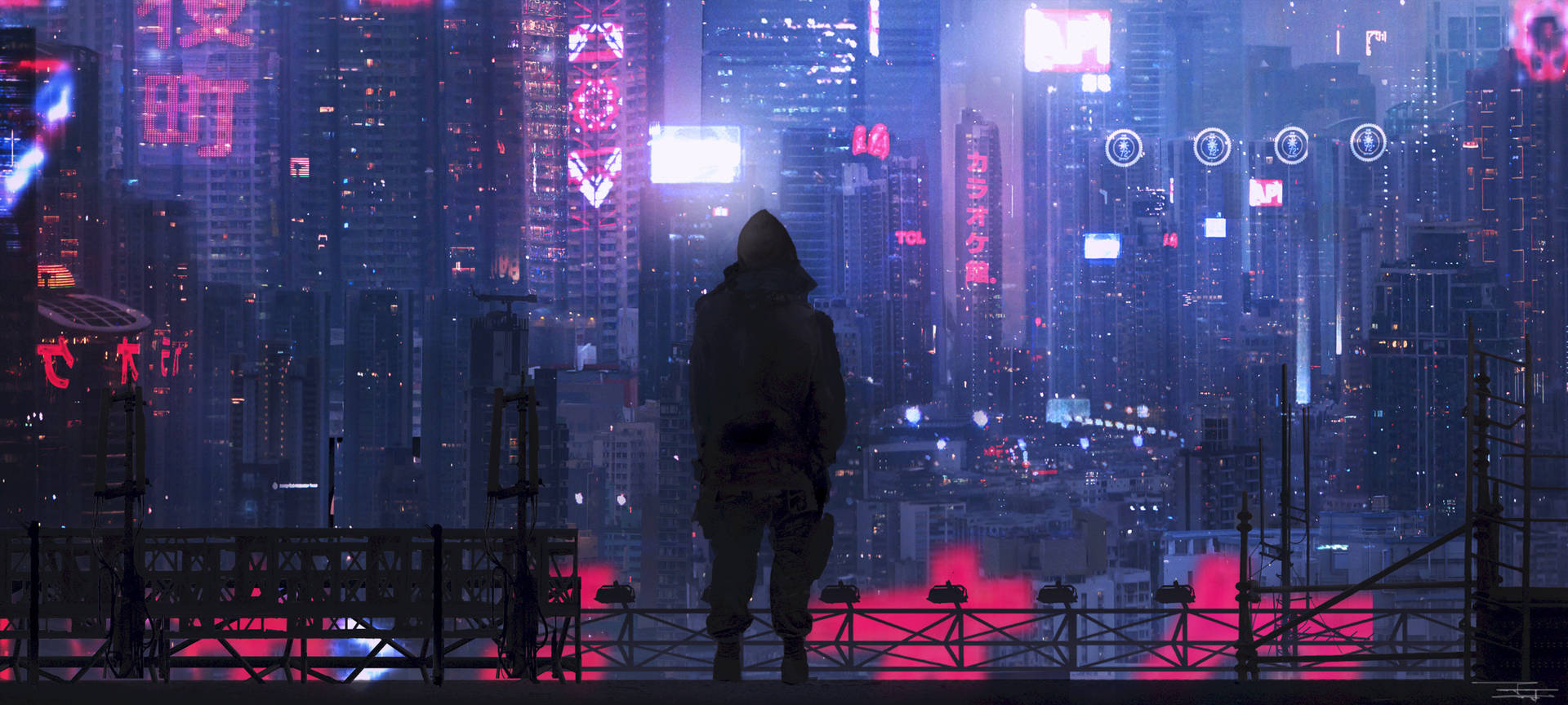 A hooded figure stands on a rooftop overlooking a futuristic cyberpunk city at night, with glowing neon signs and towering skyscrapers