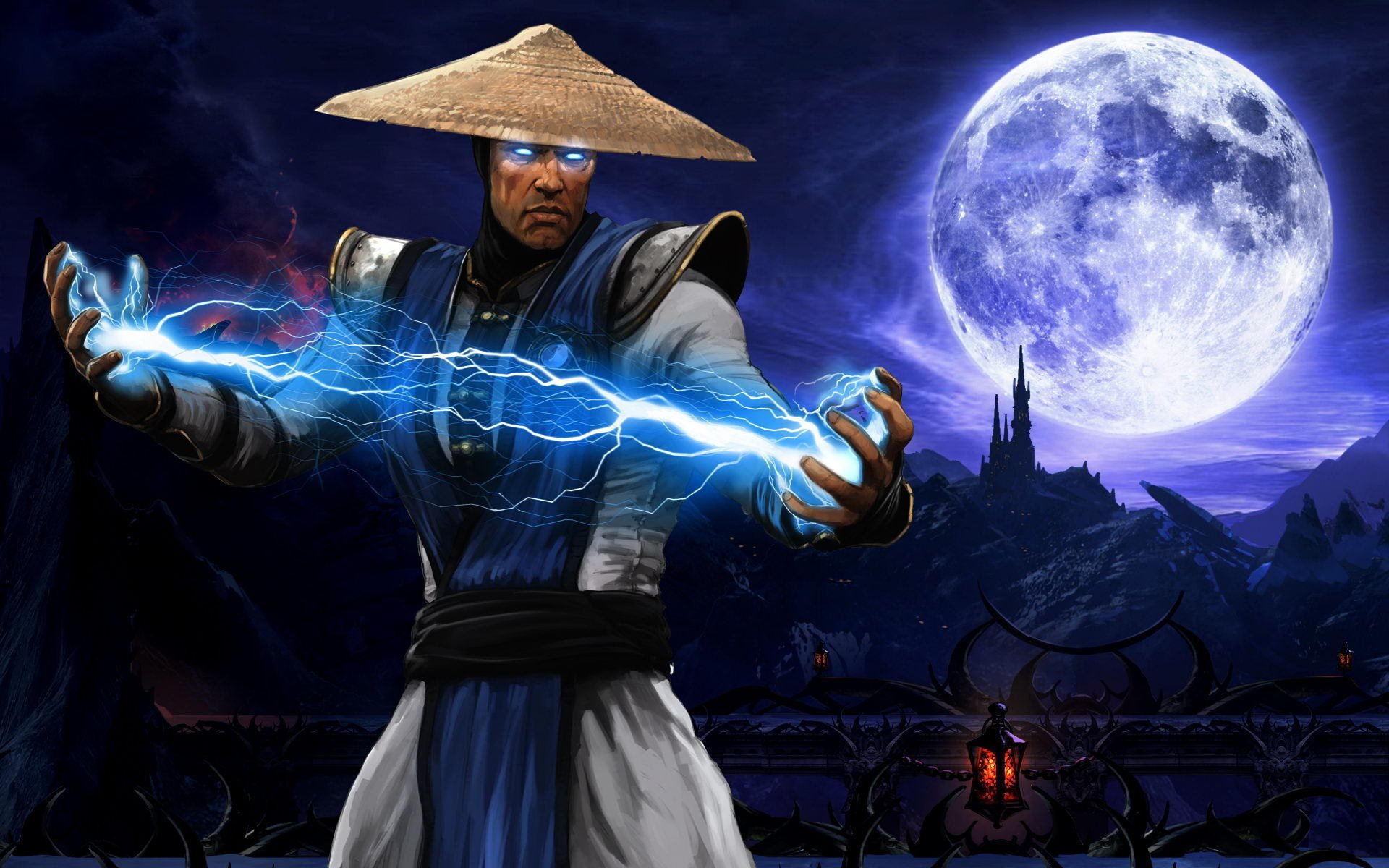 Raiden, the God of Thunder, from Mortal Kombat, wielding blue lightning against a backdrop of a full moon and a dark castle