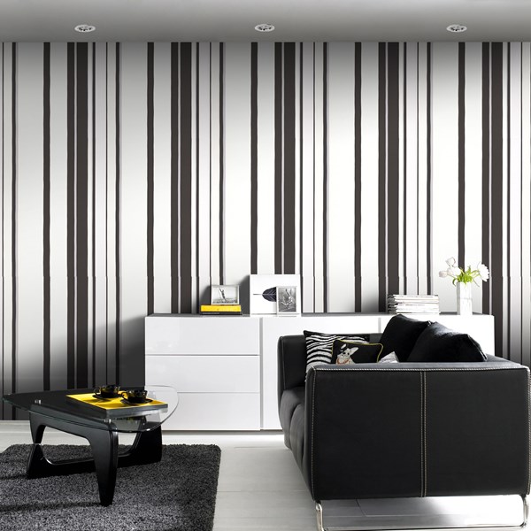 Hoppen Stripe Black White Silver Wallpaper By Graham And Brown