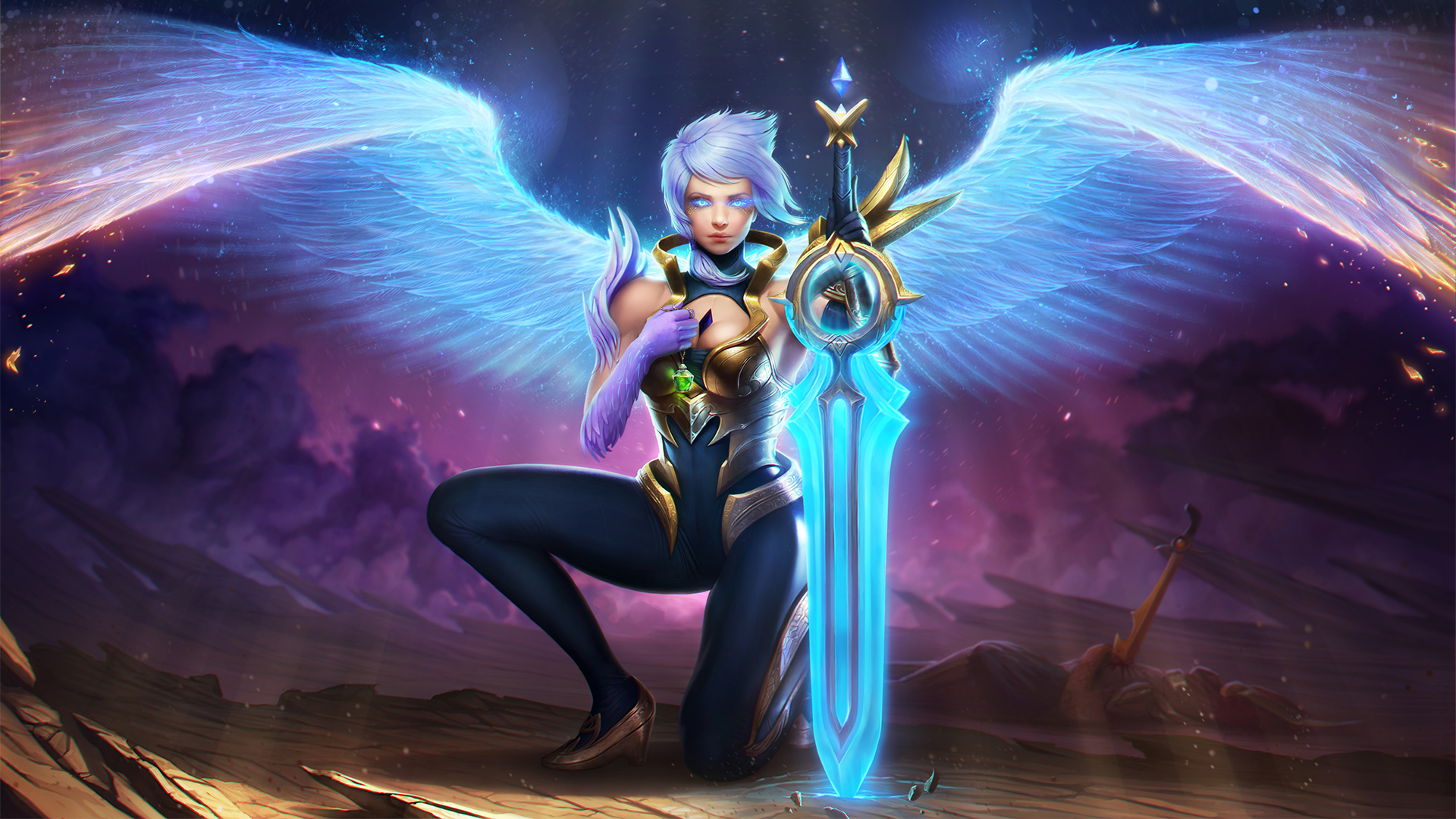 A female angel warrior with large, glowing wings kneels in a celestial landscape, holding a large, glowing blue sword. She is wearing a dark suit with gold armor accents, and a glowing green gem is visible on her chest. The background is a starry nightscape with purple nebulae and rocky terrain