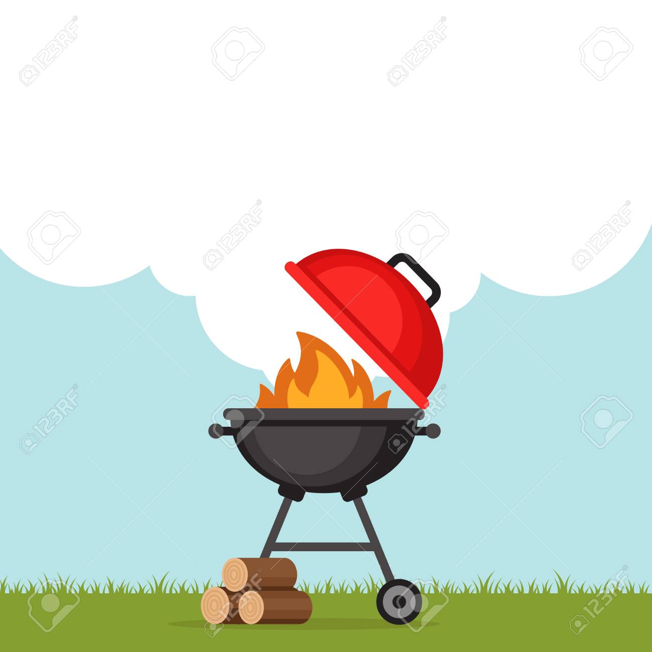 Bbq Party Background With Grill And Fire Barbecue Poster Flat