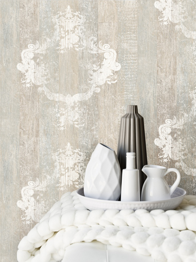 Serenity Sand Faux Wood Damask Overlay Wallpaper Fauxwood Fauxbois