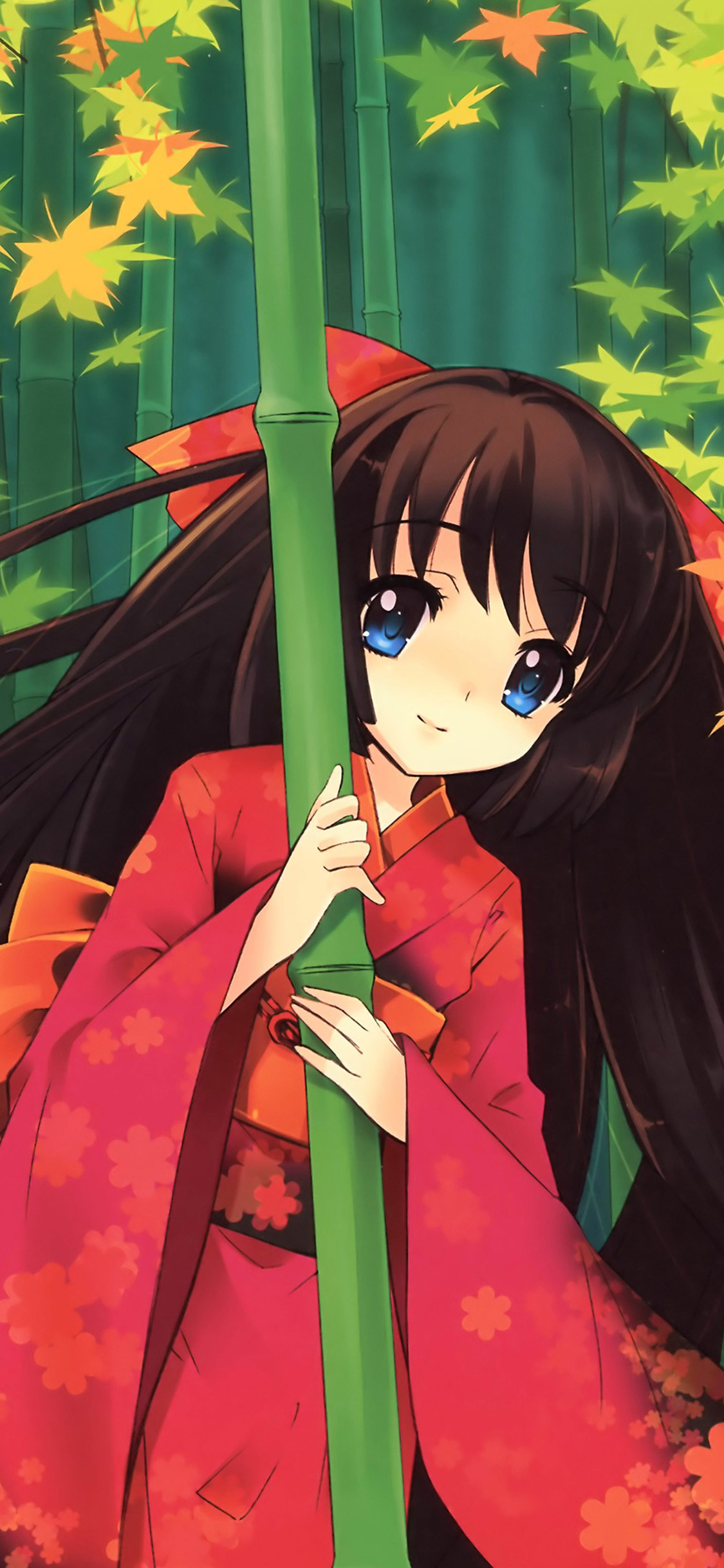 Cute anime girl in a red kimono holding a bamboo stalk in a bamboo forest with autumn leaves