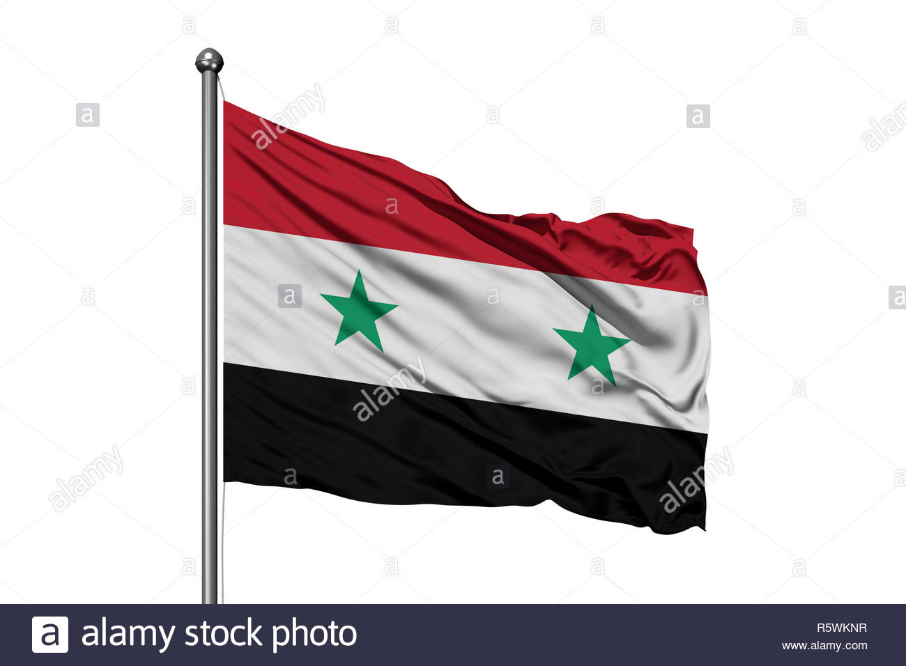 Flag Of Syria Waving In The Wind Isolated White Background