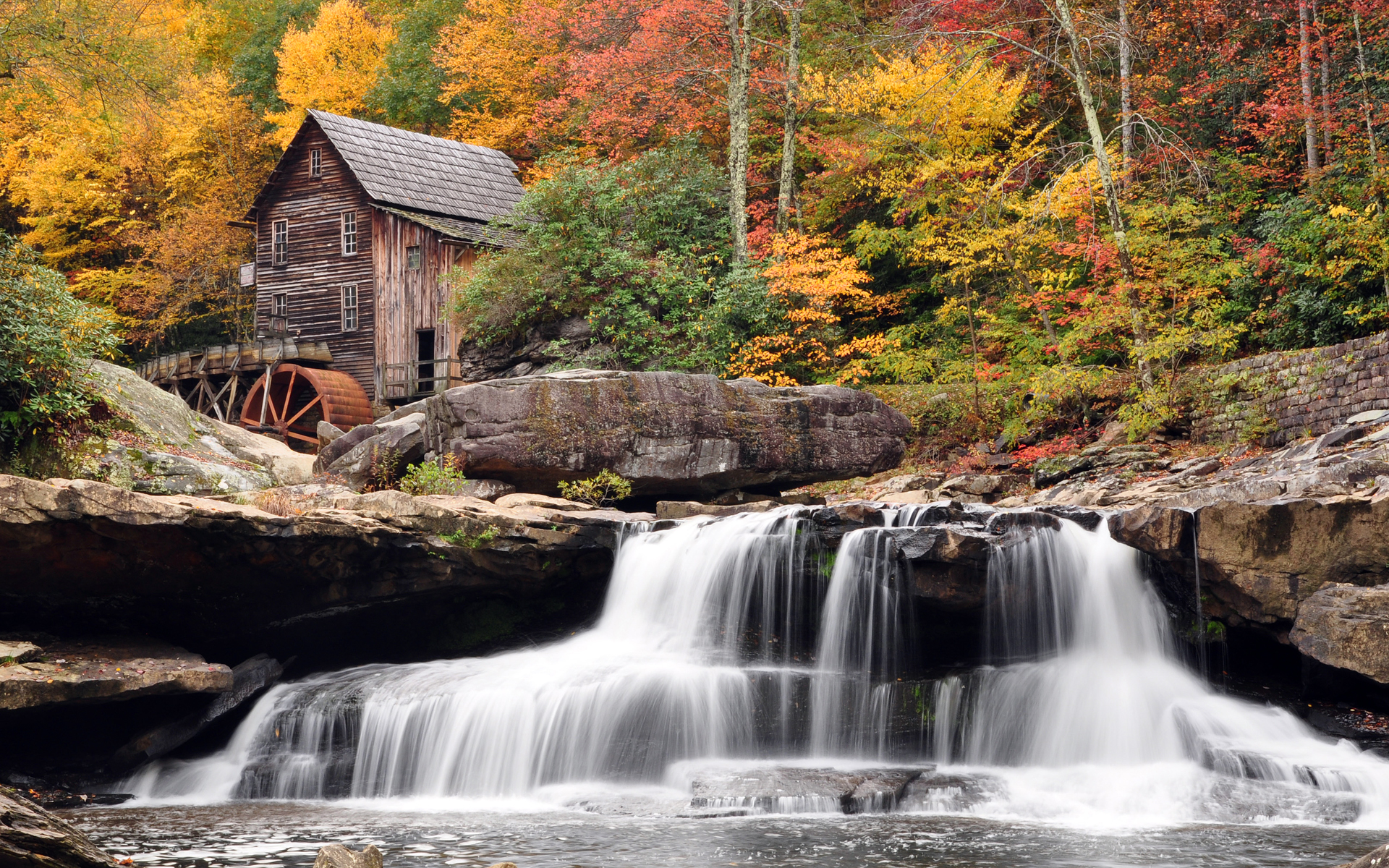 Waterfall Old Barn Forest Wallpaper Background